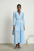 Juno Maxi Dress - Flattering V - Neckline - Elegant Guipure Lace - Layered Ruffle Skirt - Semi - Transparent Panels - Back Zipper