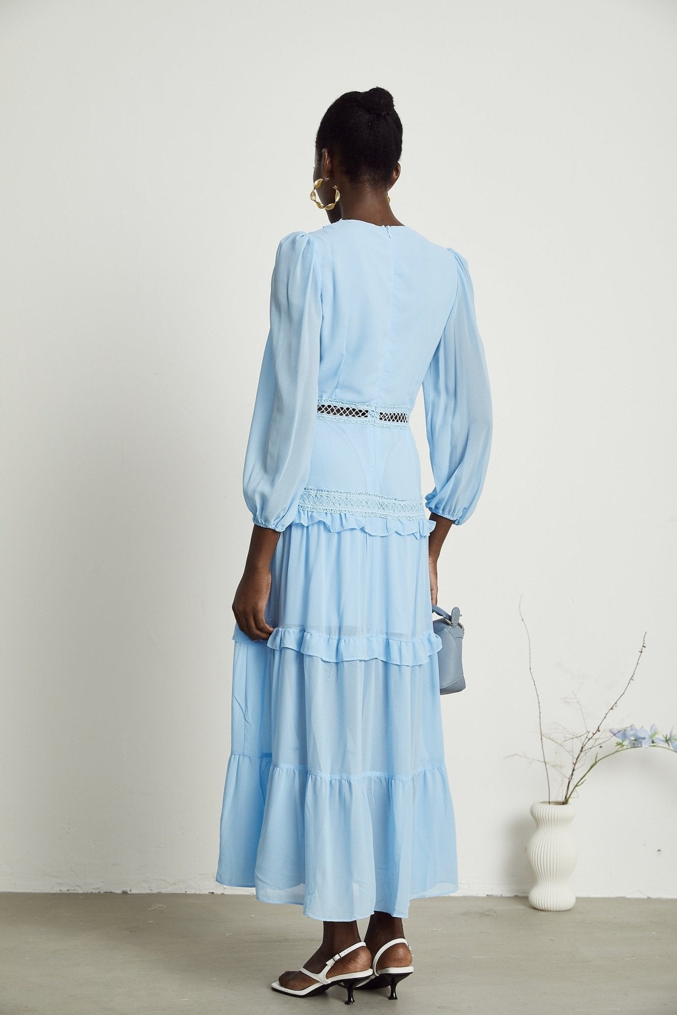 Juno Maxi Dress - Flattering V - Neckline - Elegant Guipure Lace - Layered Ruffle Skirt - Semi - Transparent Panels - Back Zipper