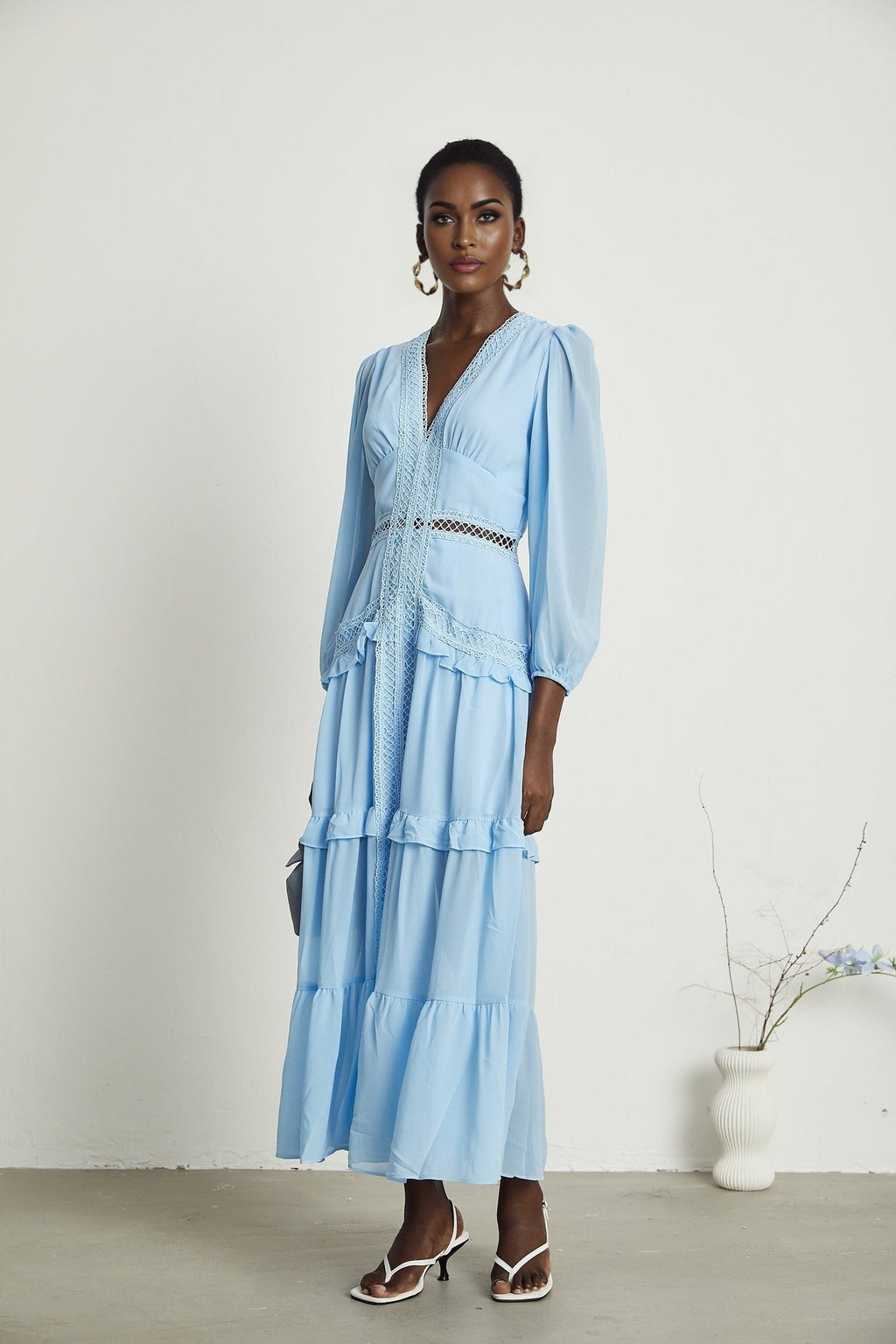 Juno Maxi Dress - Flattering V - Neckline - Elegant Guipure Lace - Layered Ruffle Skirt - Semi - Transparent Panels - Back Zipper