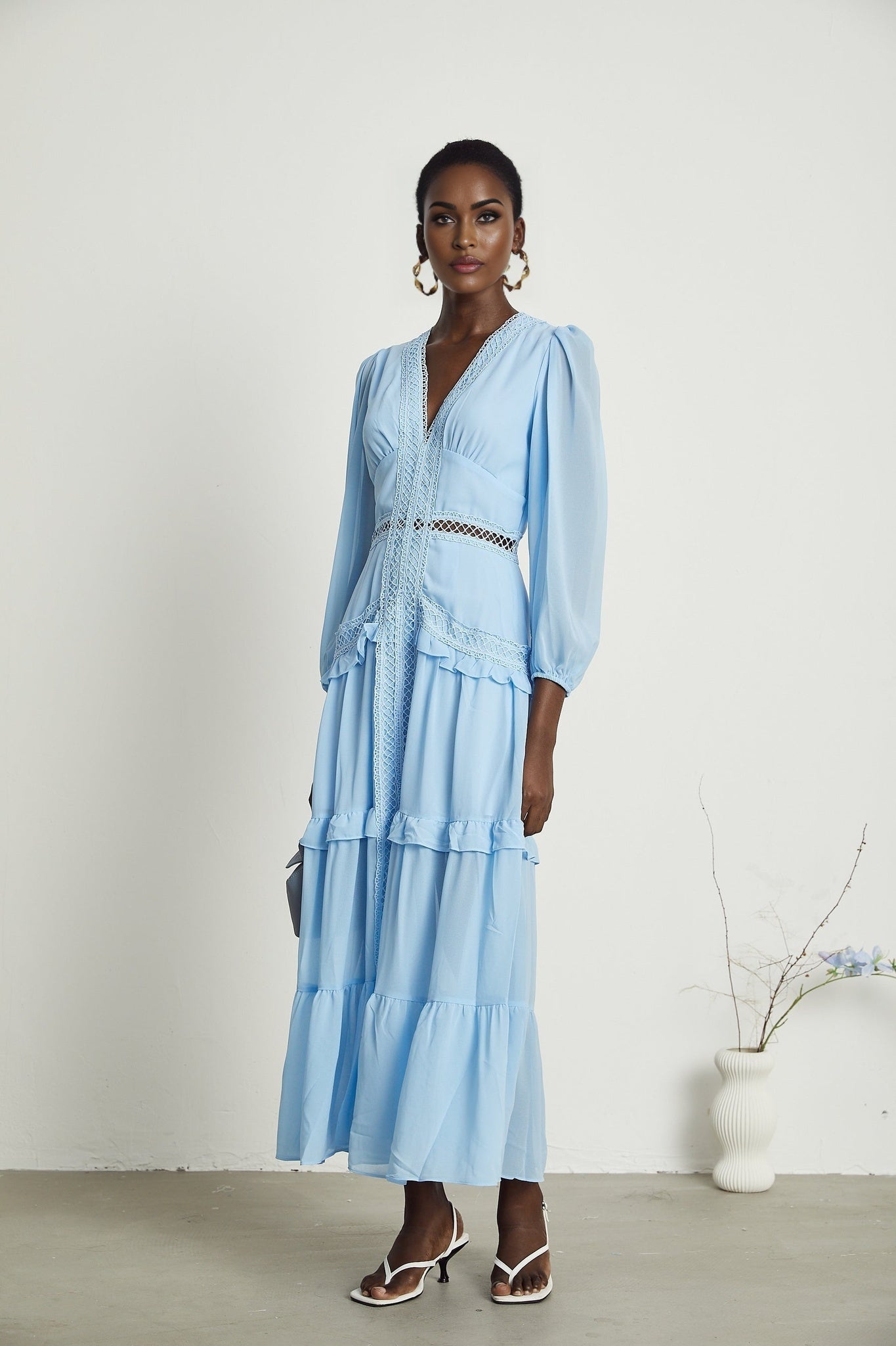 Juno Maxi Dress - Flattering V - Neckline - Elegant Guipure Lace - Layered Ruffle Skirt - Semi - Transparent Panels - Back Zipper