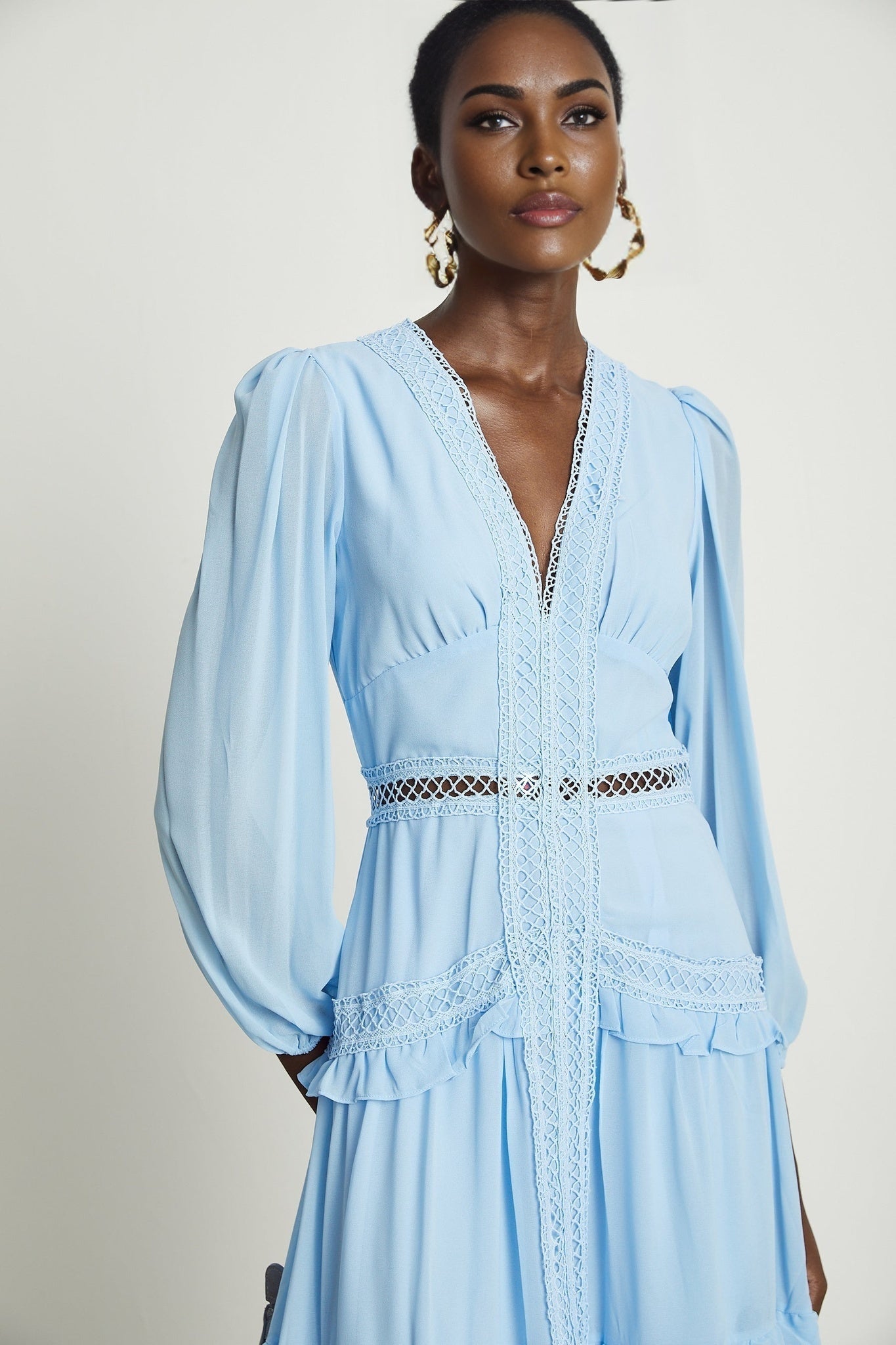 Juno Maxi Dress - Flattering V - Neckline - Elegant Guipure Lace - Layered Ruffle Skirt - Semi - Transparent Panels - Back Zipper