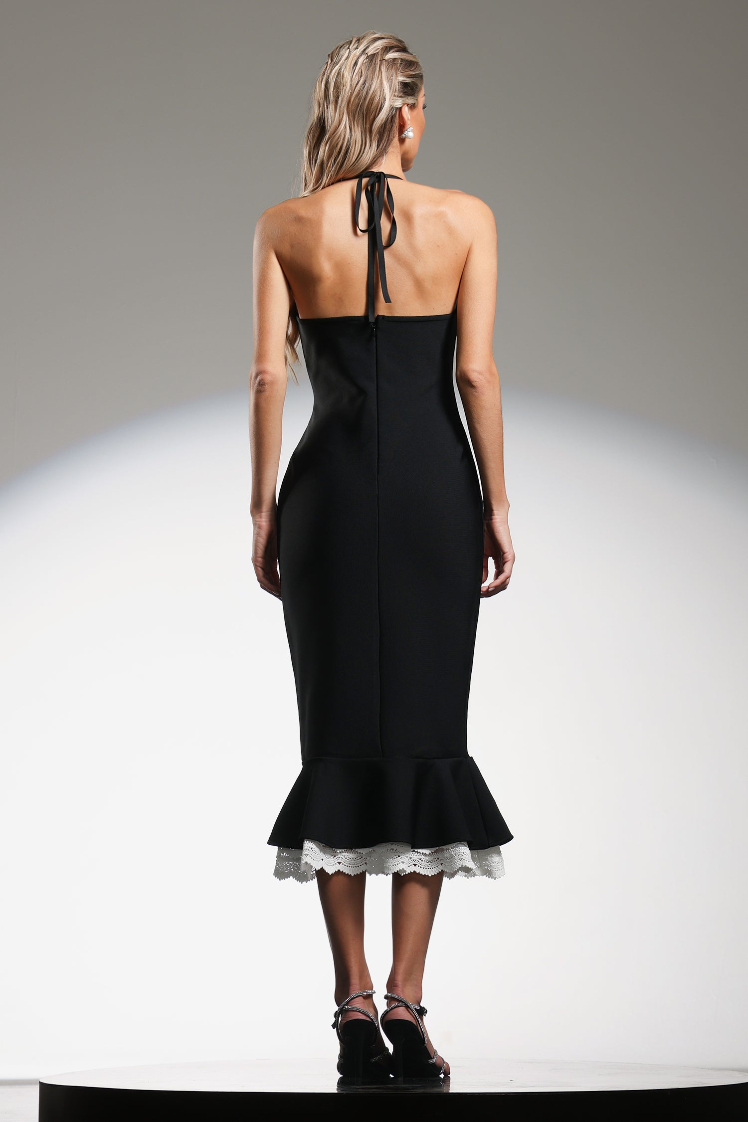 Kadence Black Halter Neck Lace Detail Dress