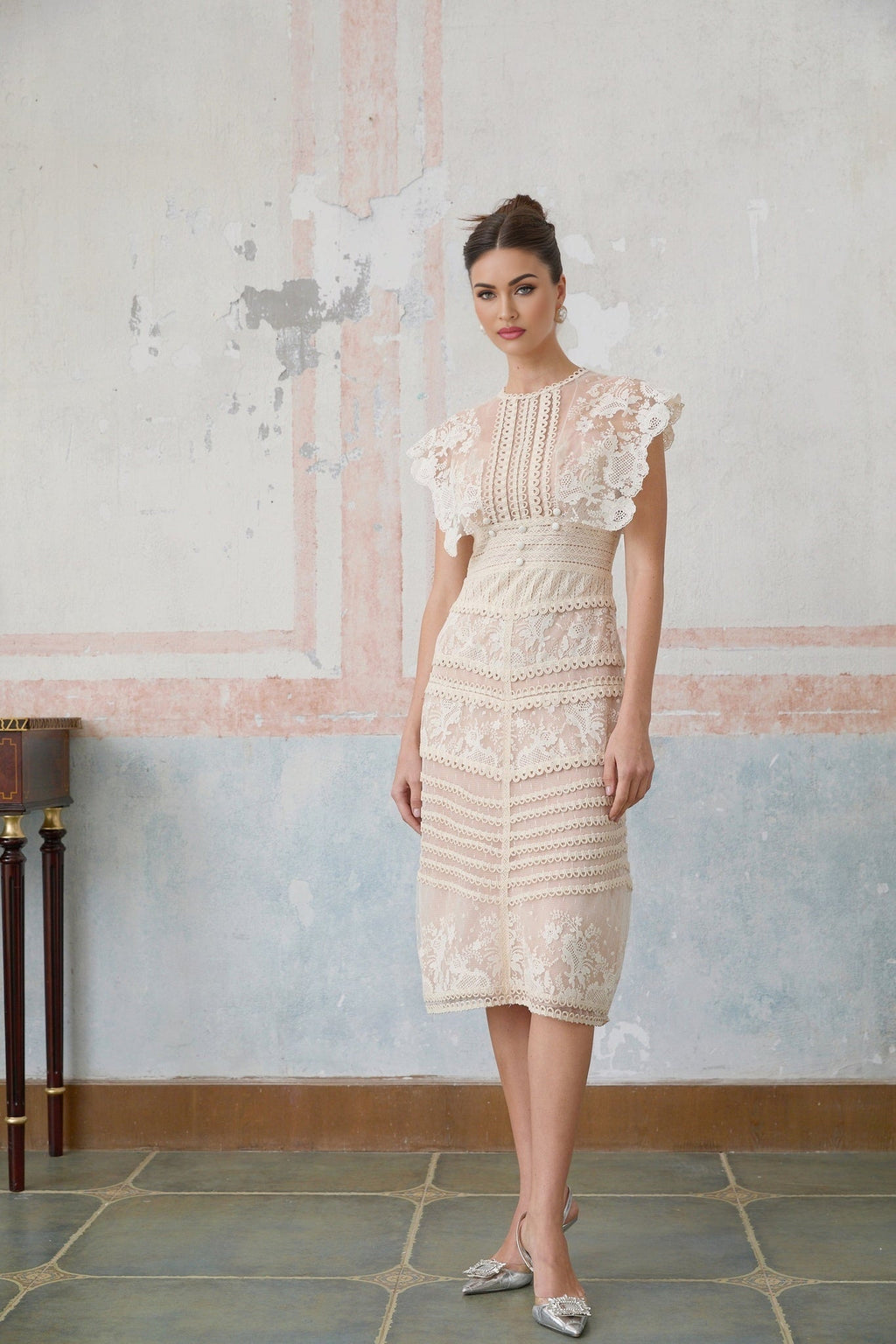 Kaitlin Floral Embroidered Lace Bead Embellishment Midi Dress