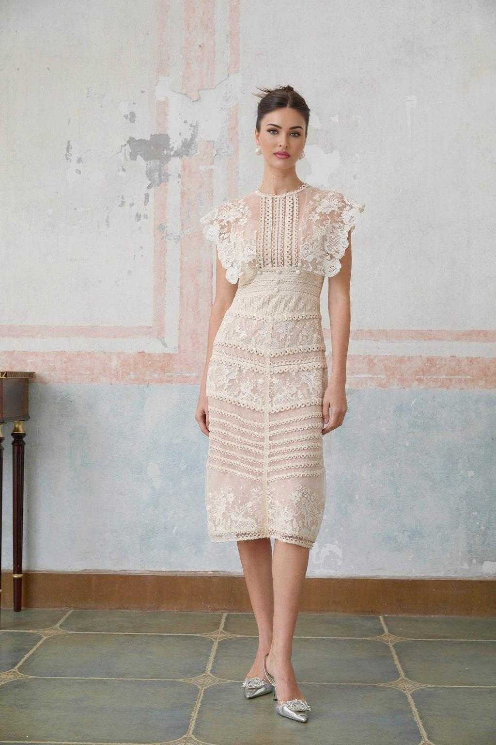 Kaitlin Floral Embroidered Lace Bead Embellishment Midi Dress