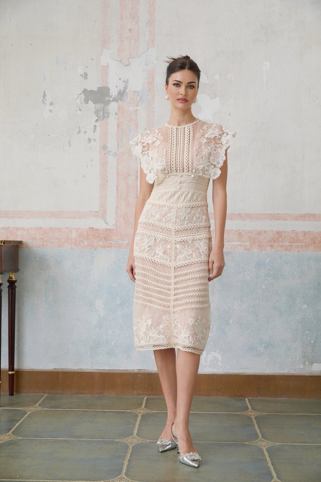 Kaitlin Floral Embroidered Lace Bead Embellishment Midi Dress