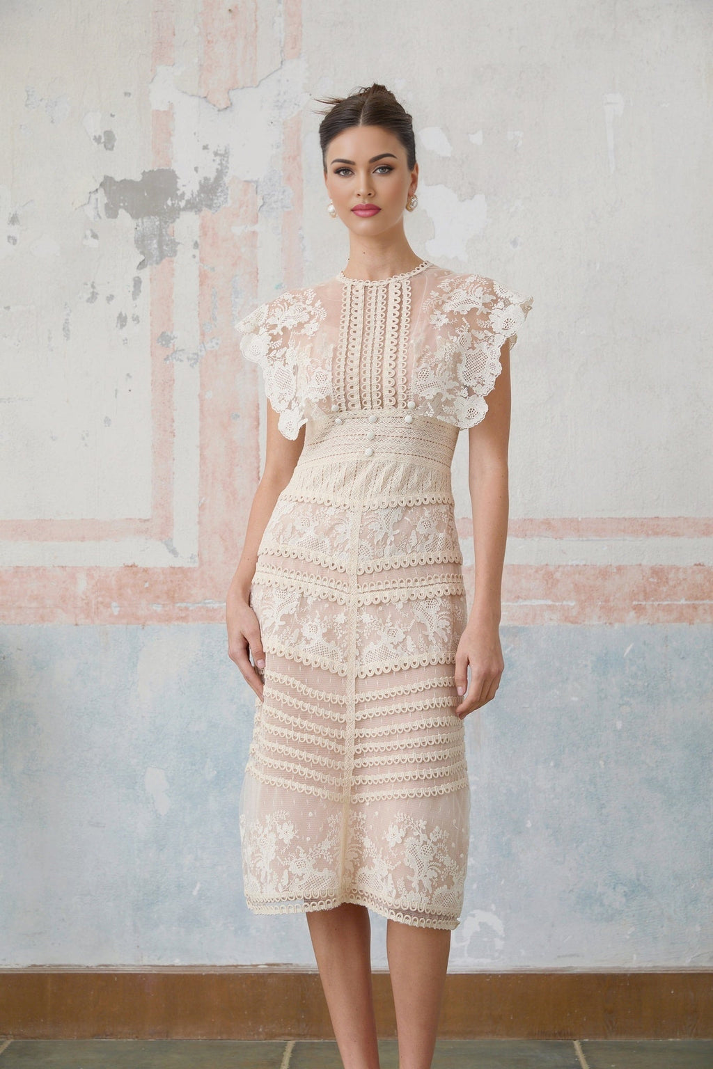 Kaitlin Floral Embroidered Lace Bead Embellishment Midi Dress
