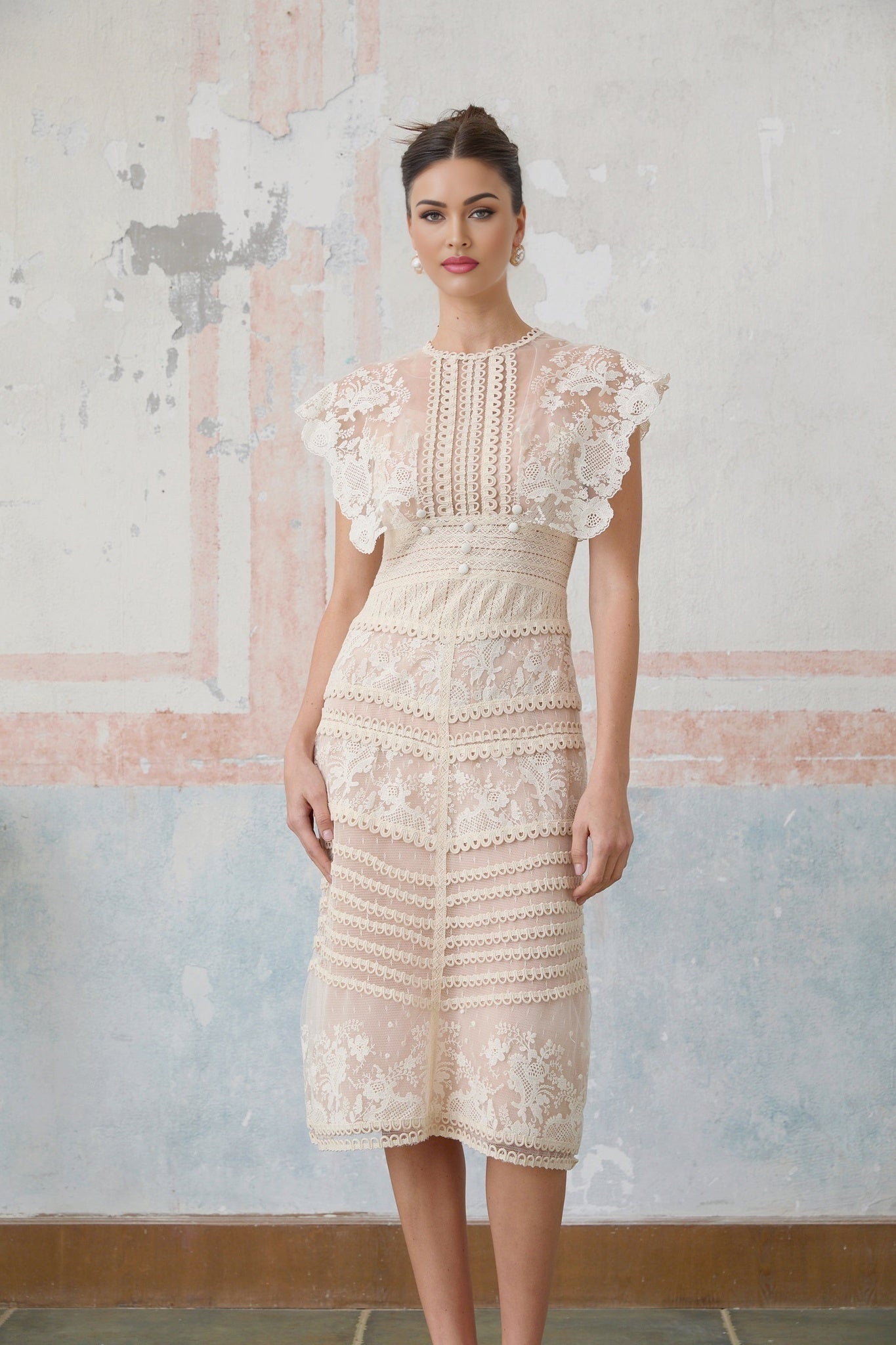 Kaitlin Floral Embroidered Lace Bead Embellishment Midi Dress