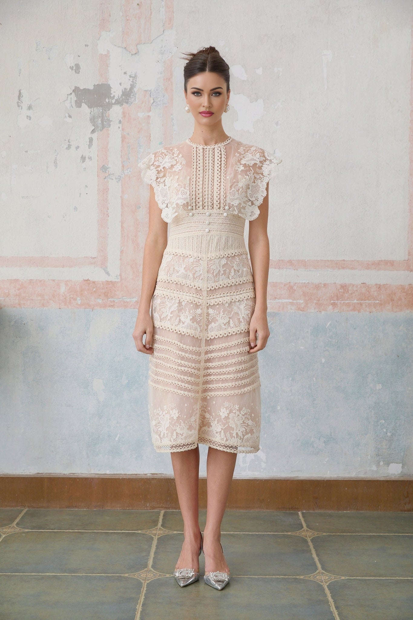 Kaitlin Floral Embroidered Lace Bead Embellishment Midi Dress