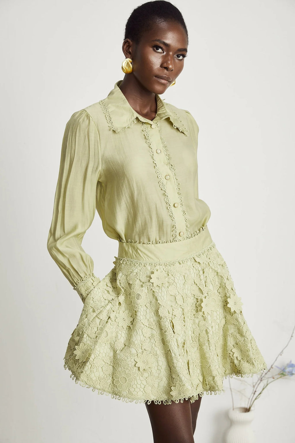 Kaitlin Shirt & Skirt Green Floral Embroidered Set
