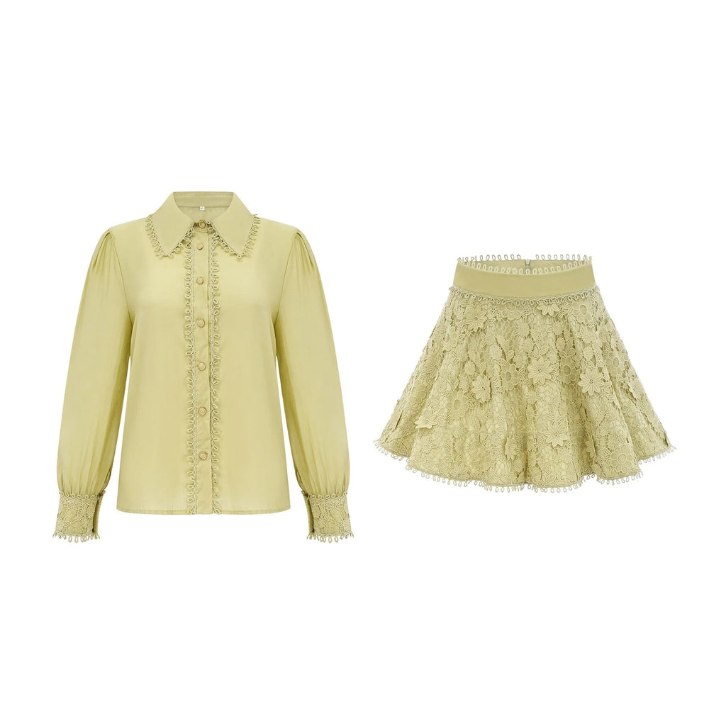 Kaitlin Shirt & Skirt Green Floral Embroidered Set