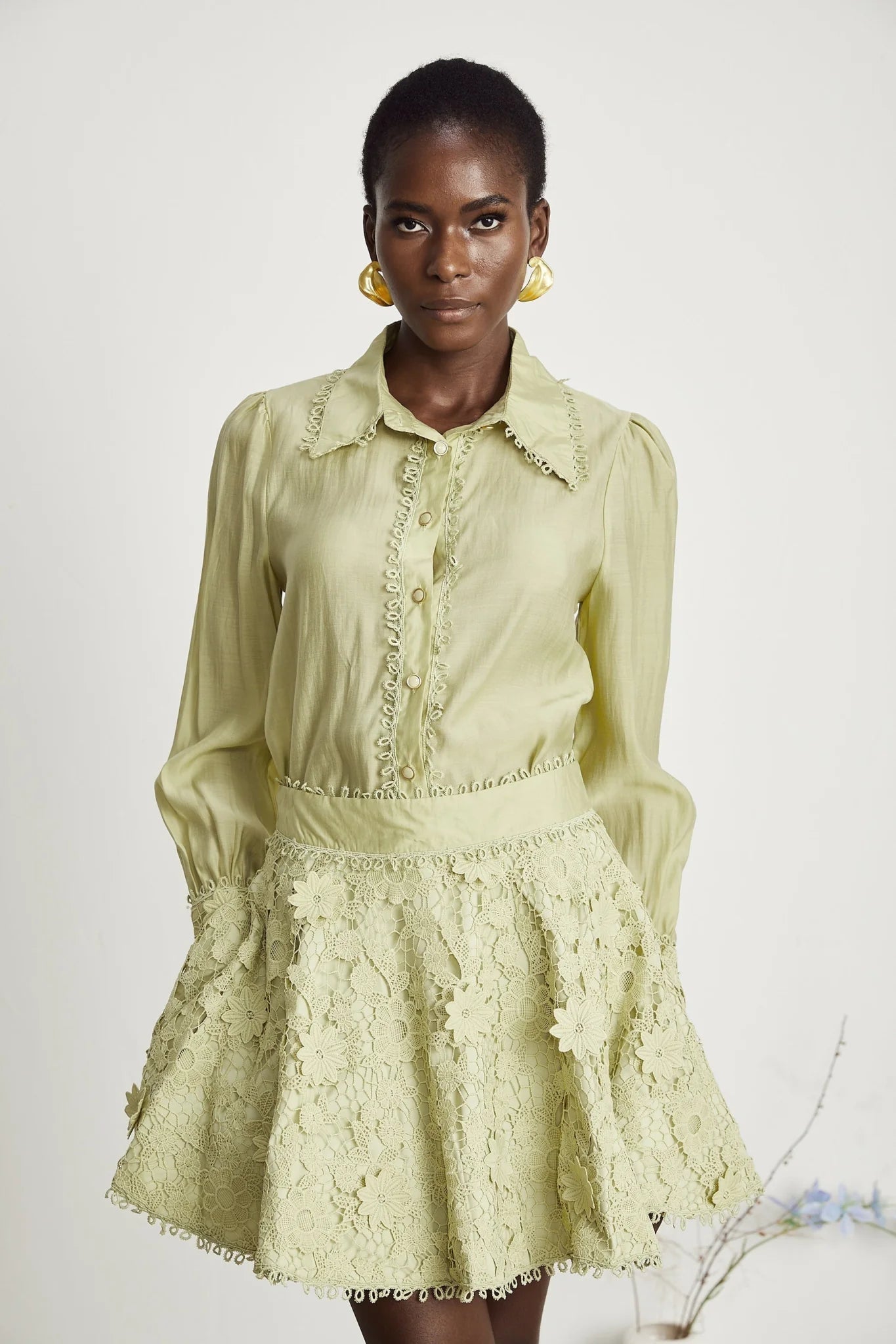 Kaitlin Shirt & Skirt Green Floral Embroidered Set