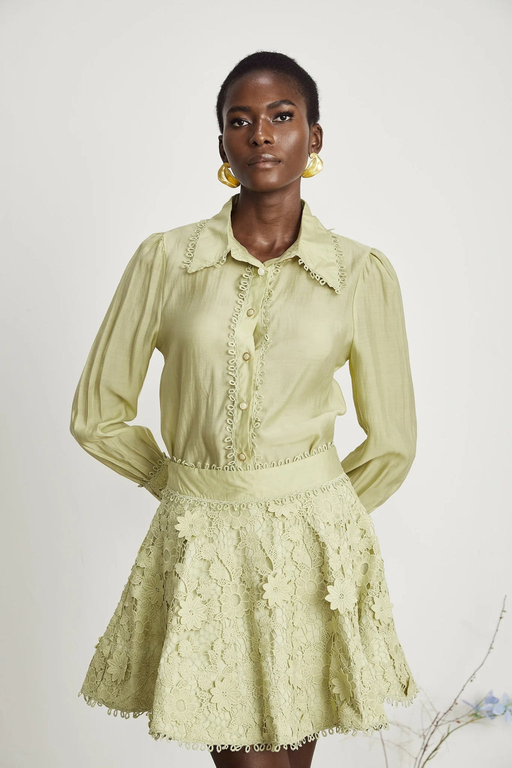 Kaitlin Shirt & Skirt - Lapels - Long Sleeves - Floral Embroidered - Fringe Trim
