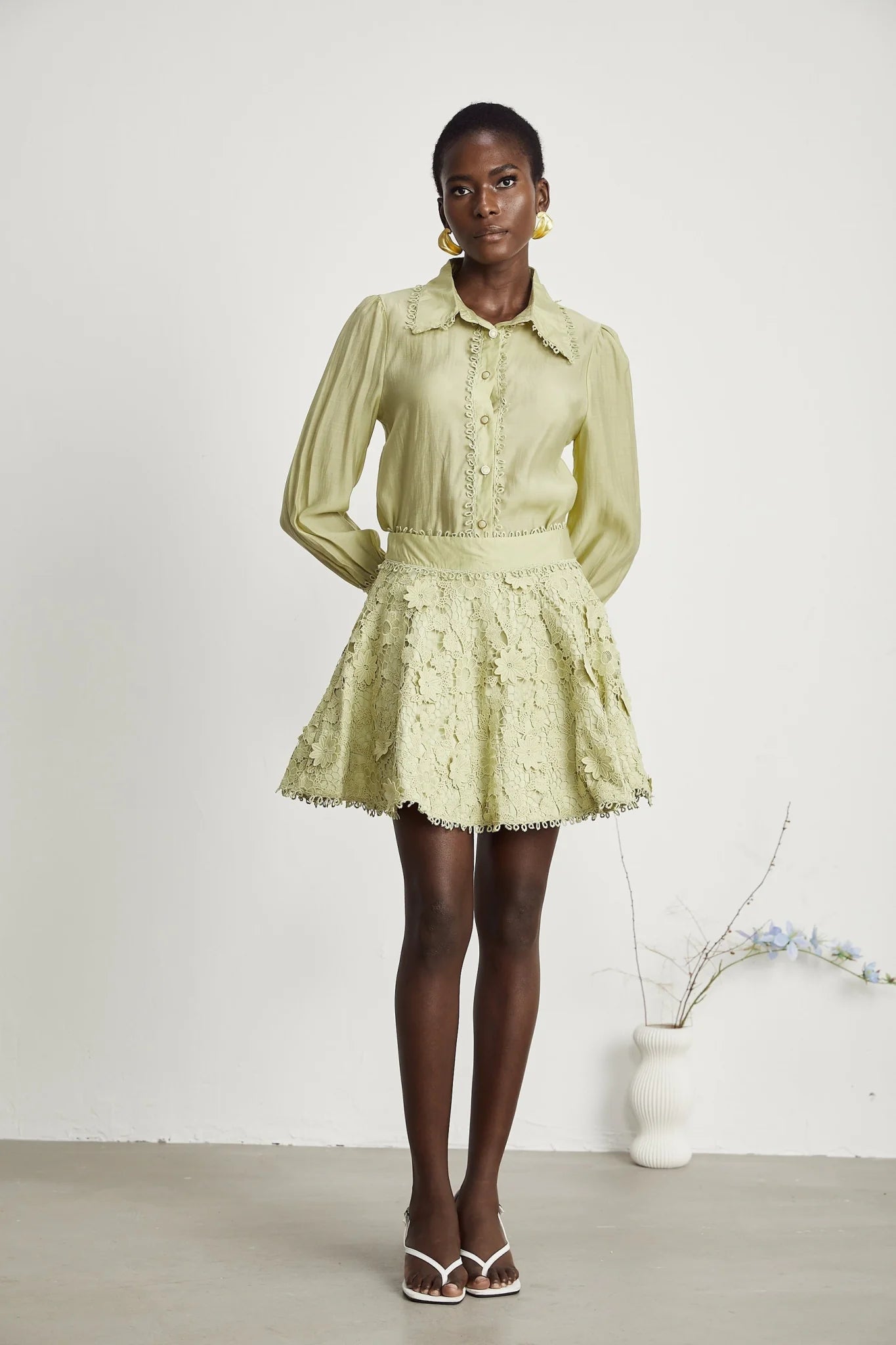 Kaitlin Shirt & Skirt - Lapels - Long Sleeves - Floral Embroidered - Fringe Trim