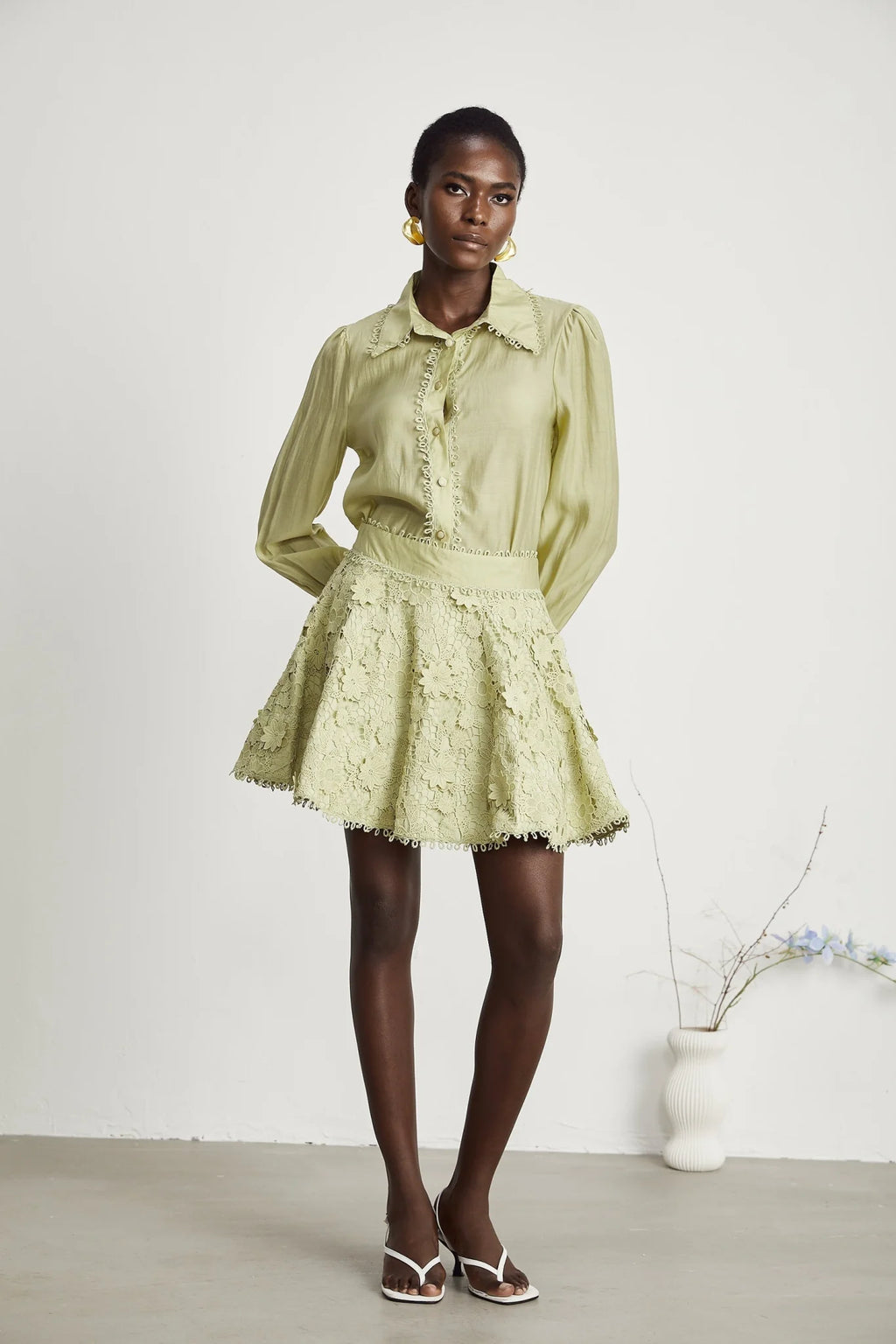 Kaitlin Shirt & Skirt - Lapels - Long Sleeves - Floral Embroidered - Fringe Trim
