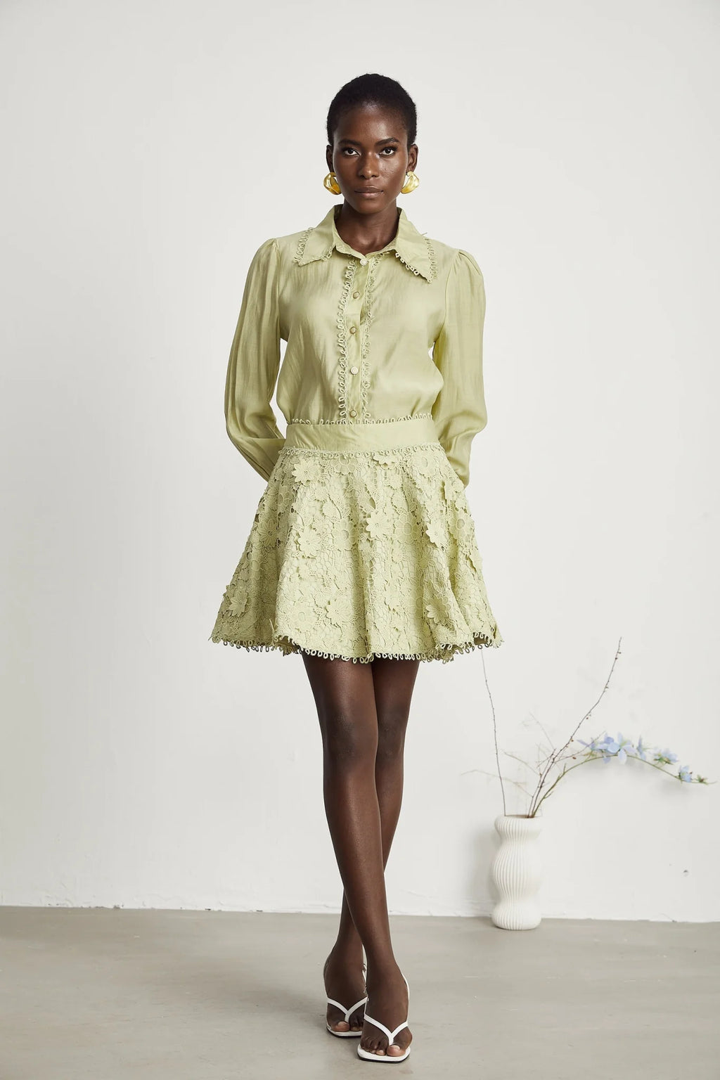 Kaitlin Shirt & Skirt - Lapels - Long Sleeves - Floral Embroidered - Fringe Trim