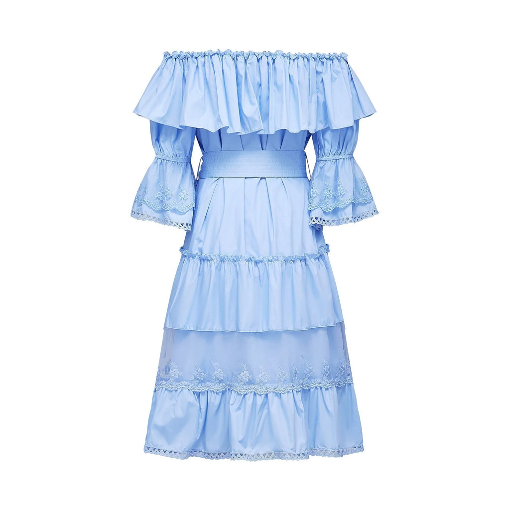 Kaitlyn Midi Dress Blue Off Shoulder Flounce Bow Tie Ruffle Lace Tiered