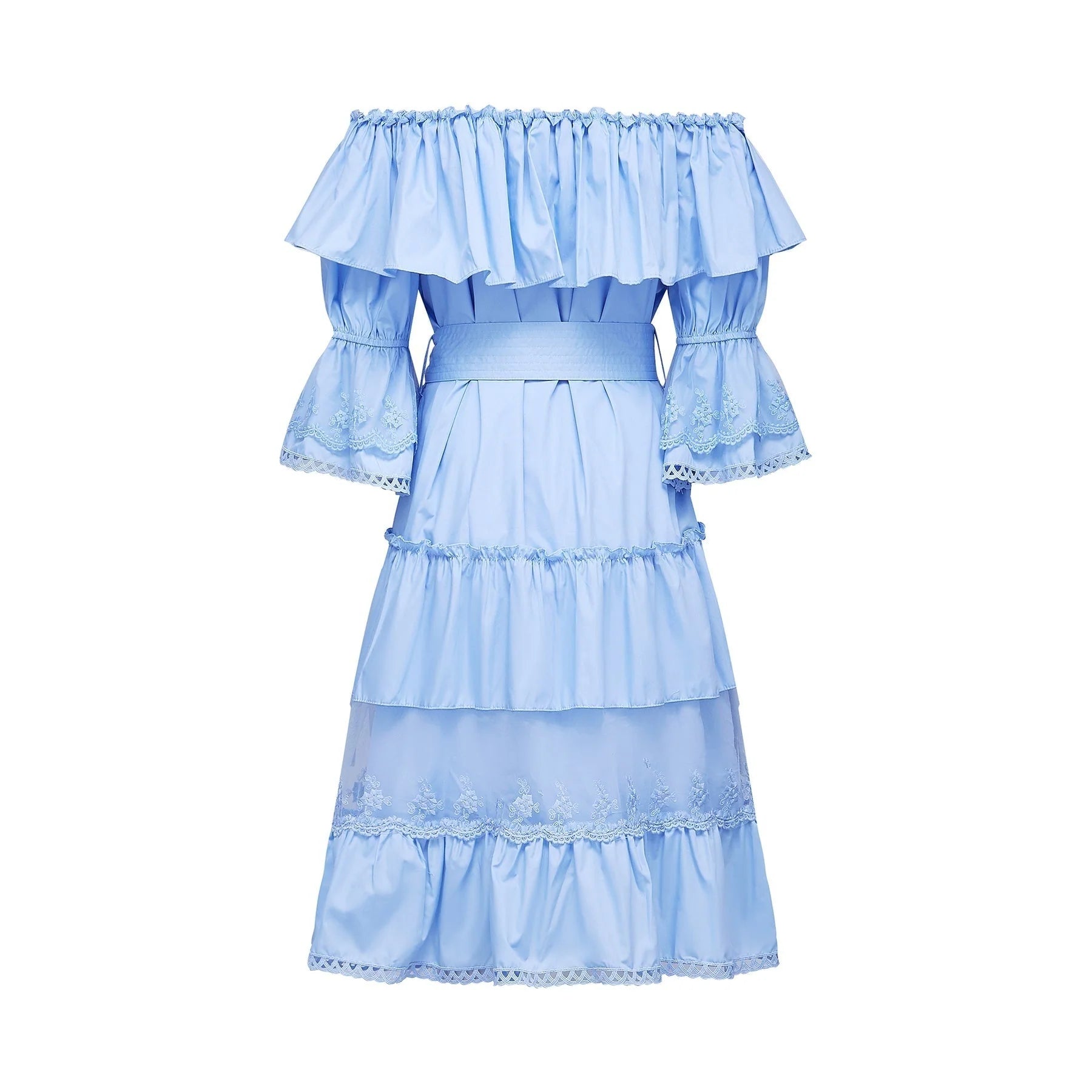 Kaitlyn Midi Dress Blue Off Shoulder Flounce Bow Tie Ruffle Lace Tiered
