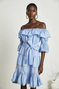 Kaitlyn Midi Dress Blue Off Shoulder Flounce Bow Tie Ruffle Lace Tiered