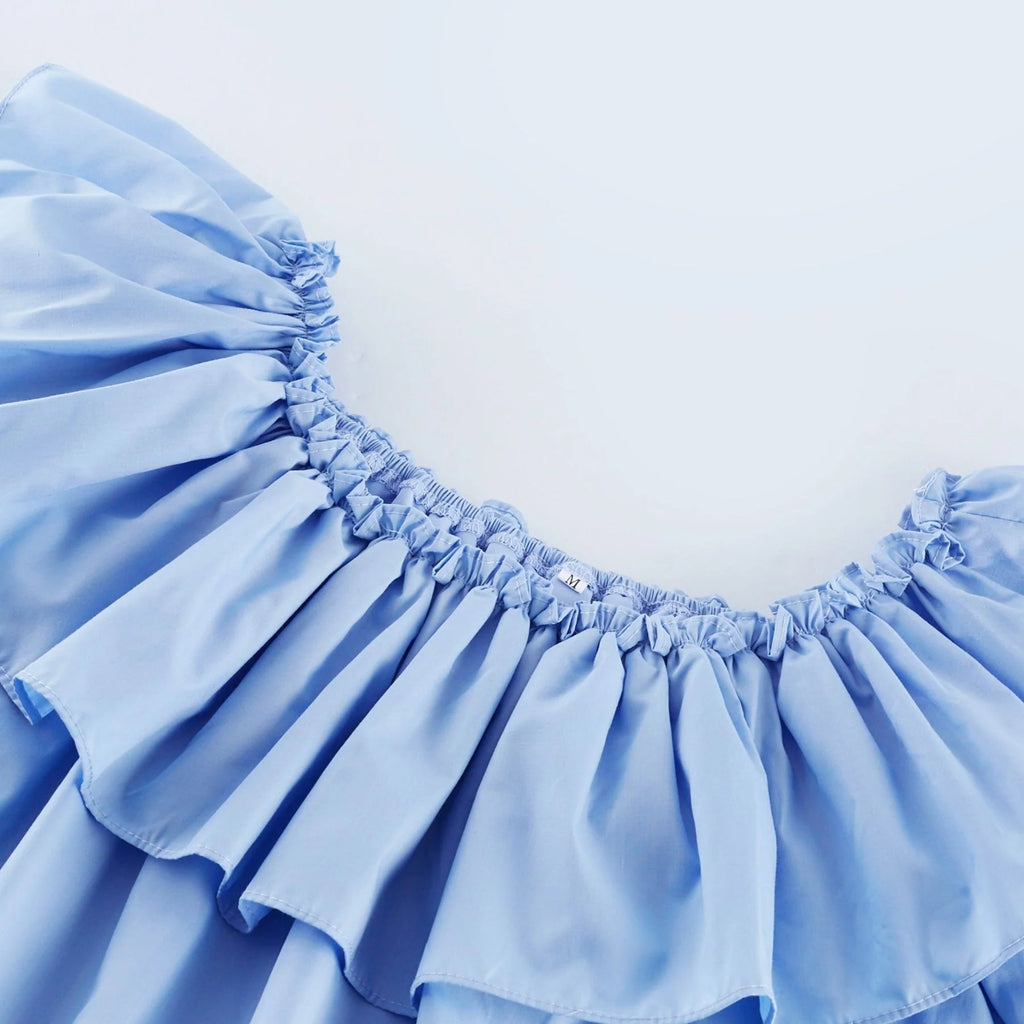 Kaitlyn Midi Dress Blue Off Shoulder Flounce Bow Tie Ruffle Lace Tiered