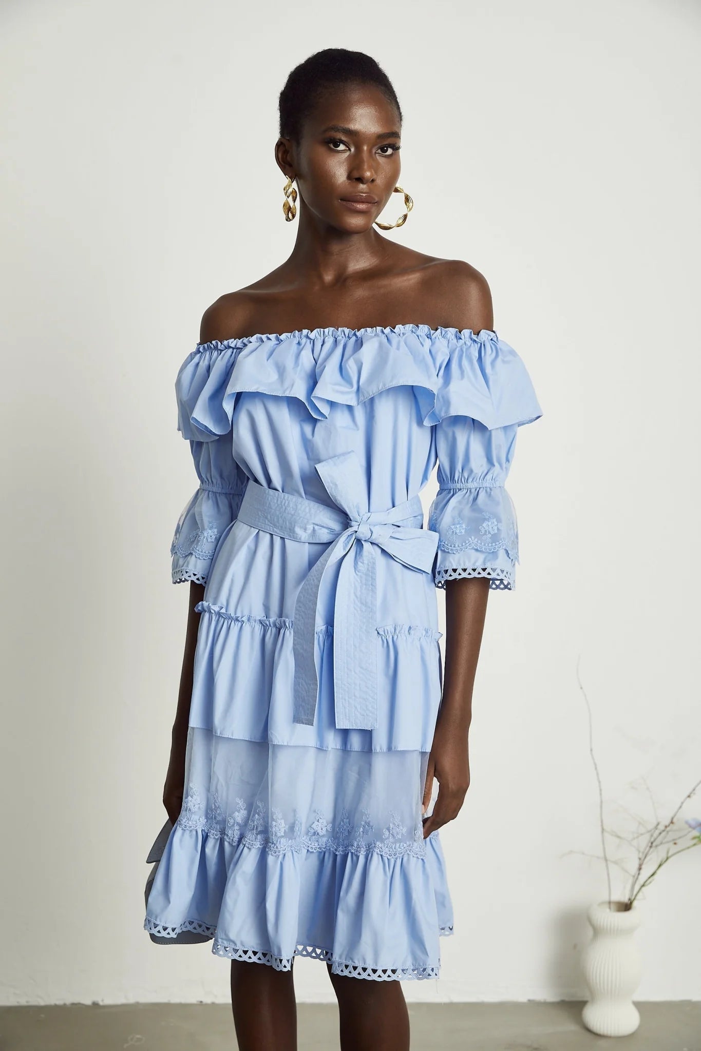 Kaitlyn Midi Dress Blue Off Shoulder Flounce Bow Tie Ruffle Lace Tiered