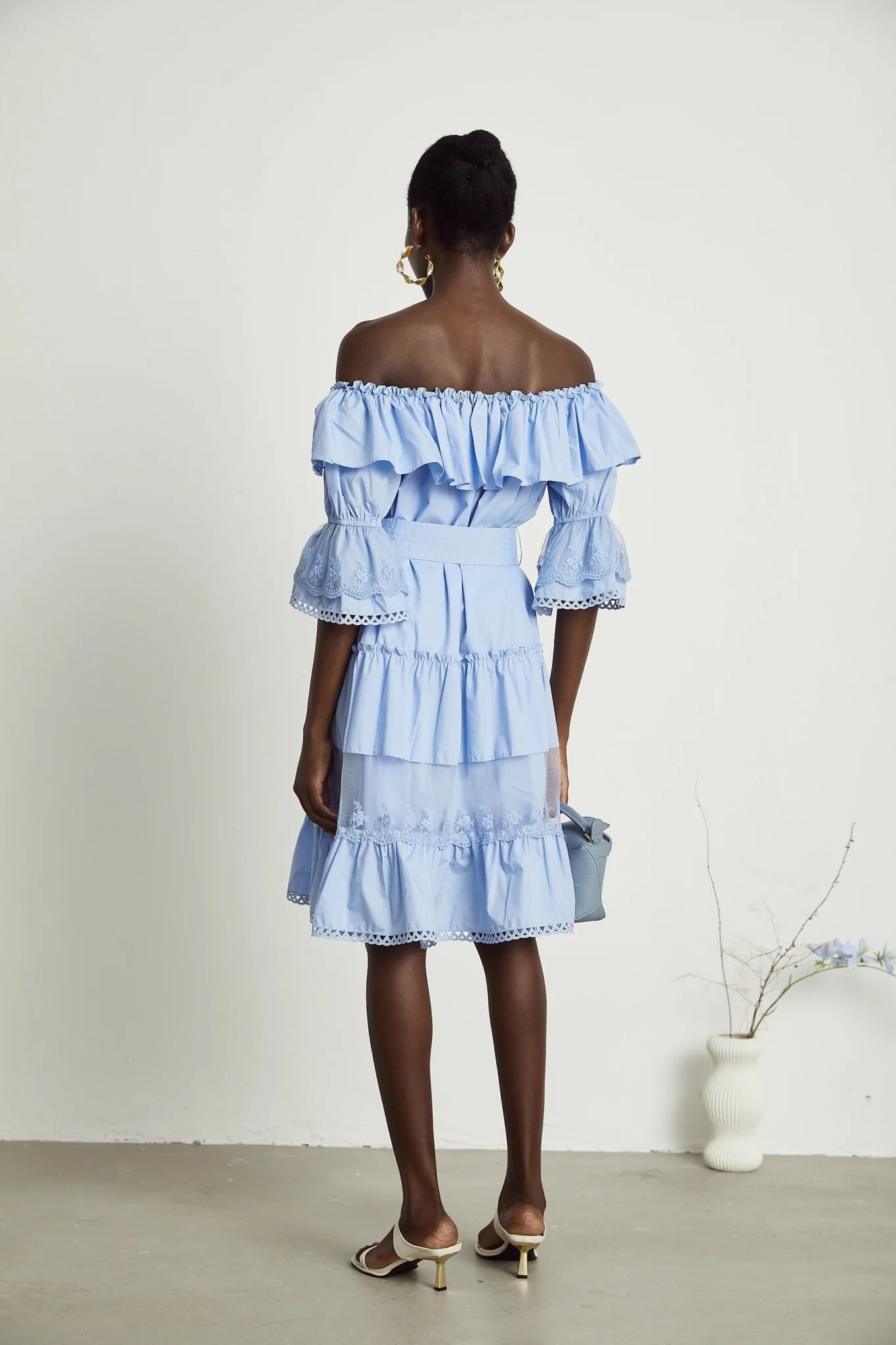Kaitlyn Midi Dress Blue Off Shoulder Flounce Bow Tie Ruffle Lace Tiered