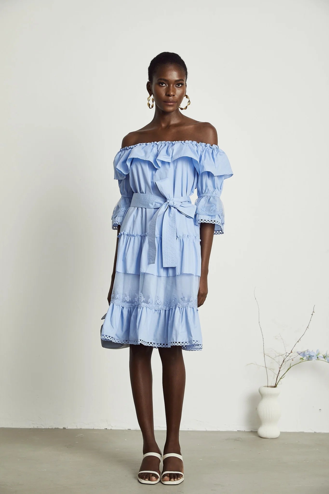 Kaitlyn Midi Dress Blue Off Shoulder Flounce Bow Tie Ruffle Lace Tiered