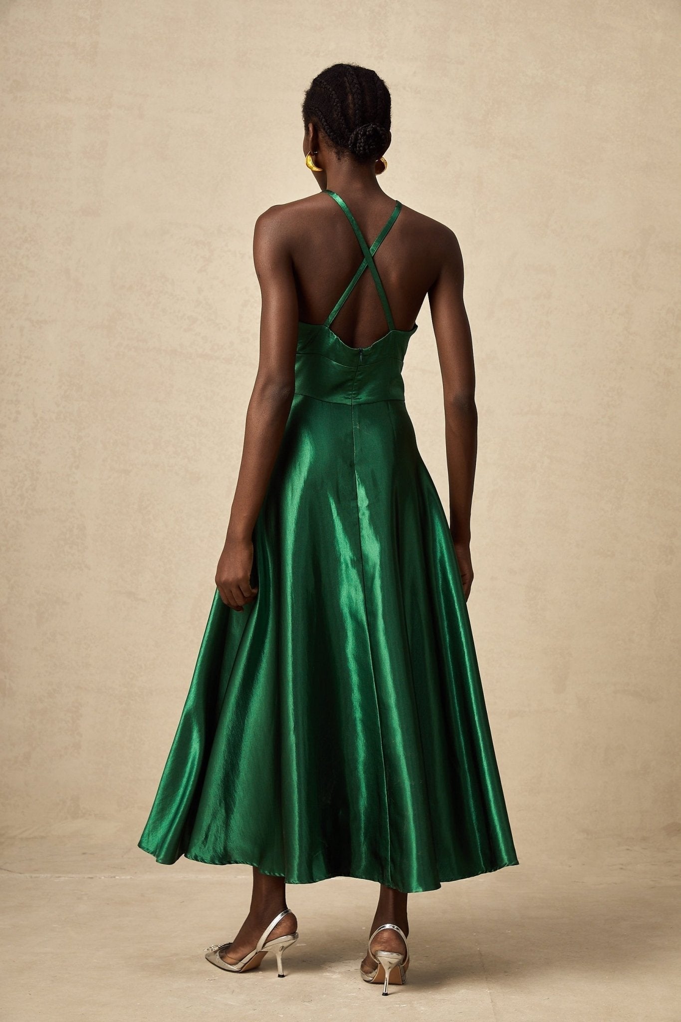 Kaitlyn Midi Dress Green Satin VNeck Open Back