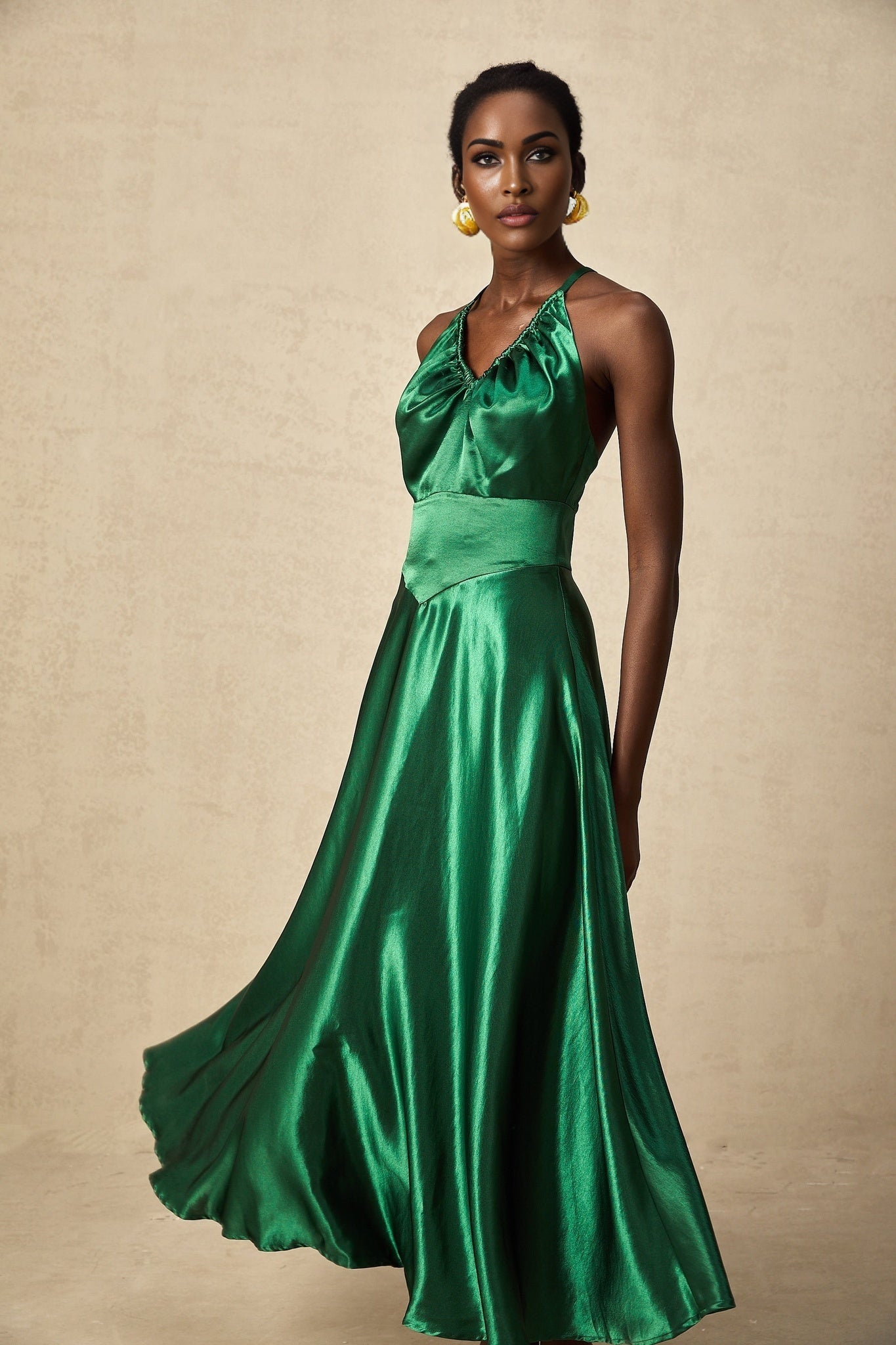 Kaitlyn Midi Dress Green Satin VNeck Open Back