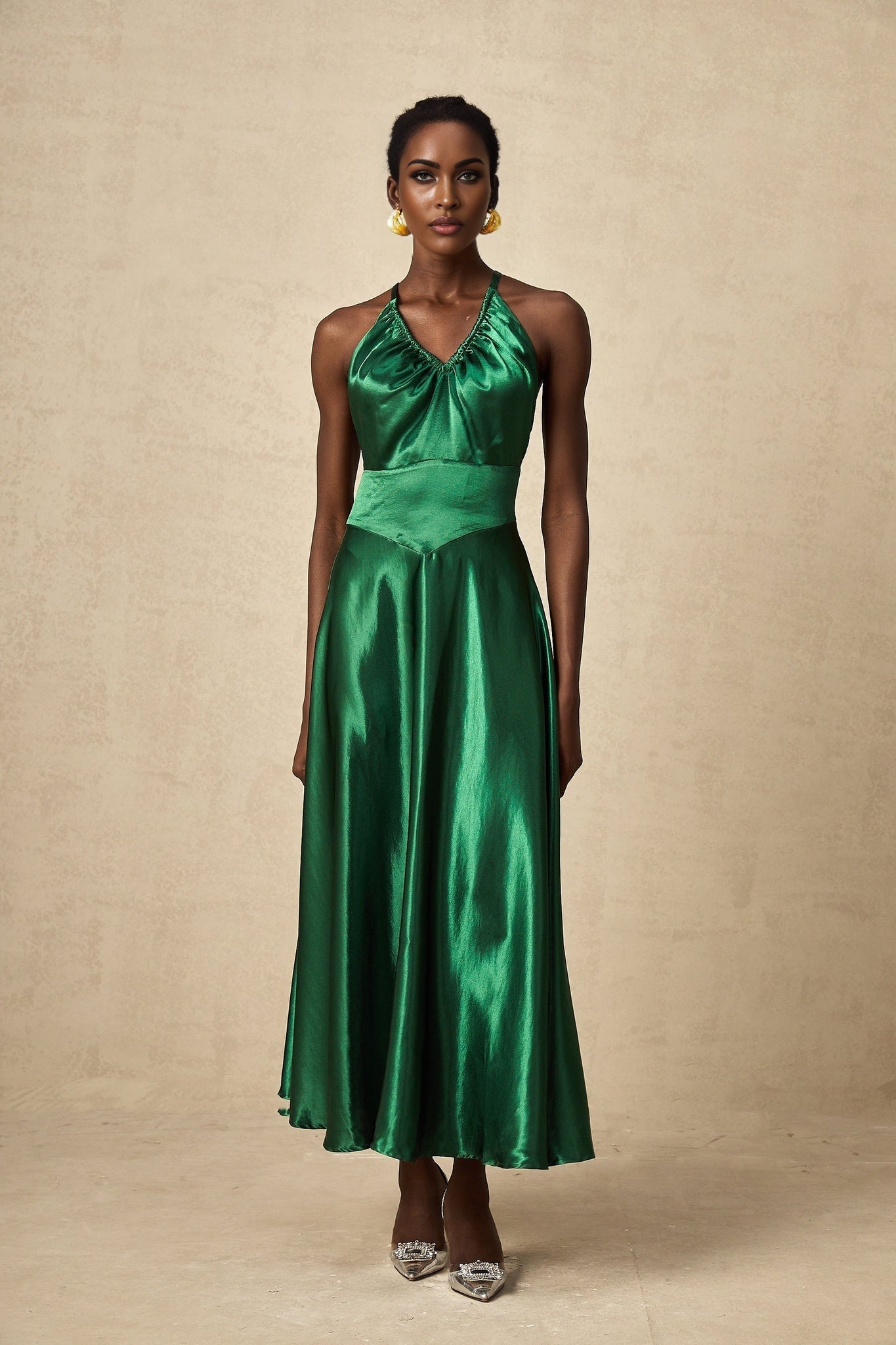 Kaitlyn Midi Dress Green Satin VNeck Open Back
