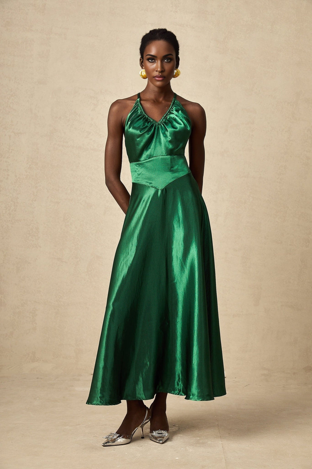Kaitlyn Midi Dress - Sleeveless V - Neck Design - Open Back - Pleated Detailing - Spaghetti Straps