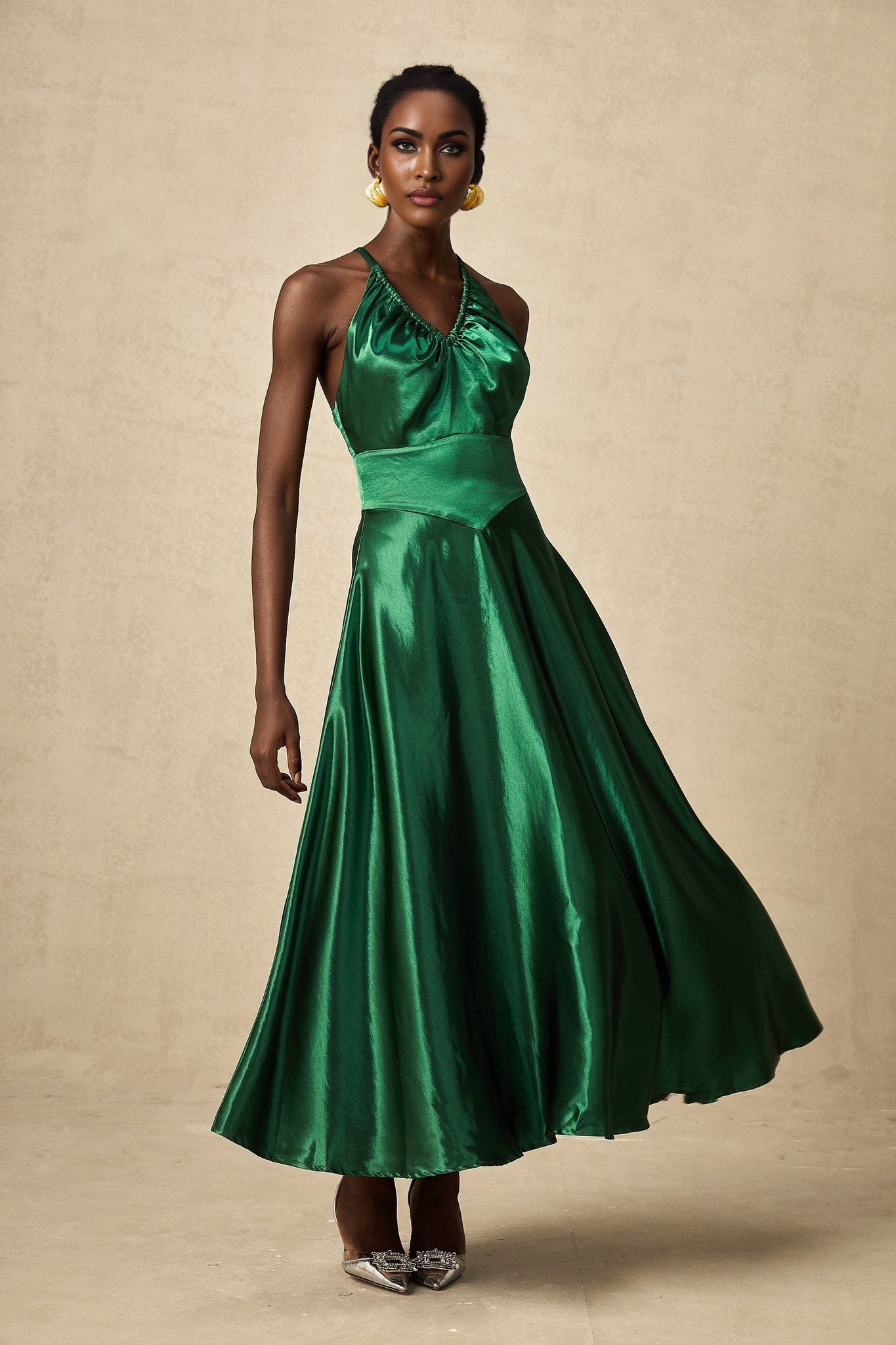 Kaitlyn Midi Dress - Sleeveless V - Neck Design - Open Back - Pleated Detailing - Spaghetti Straps