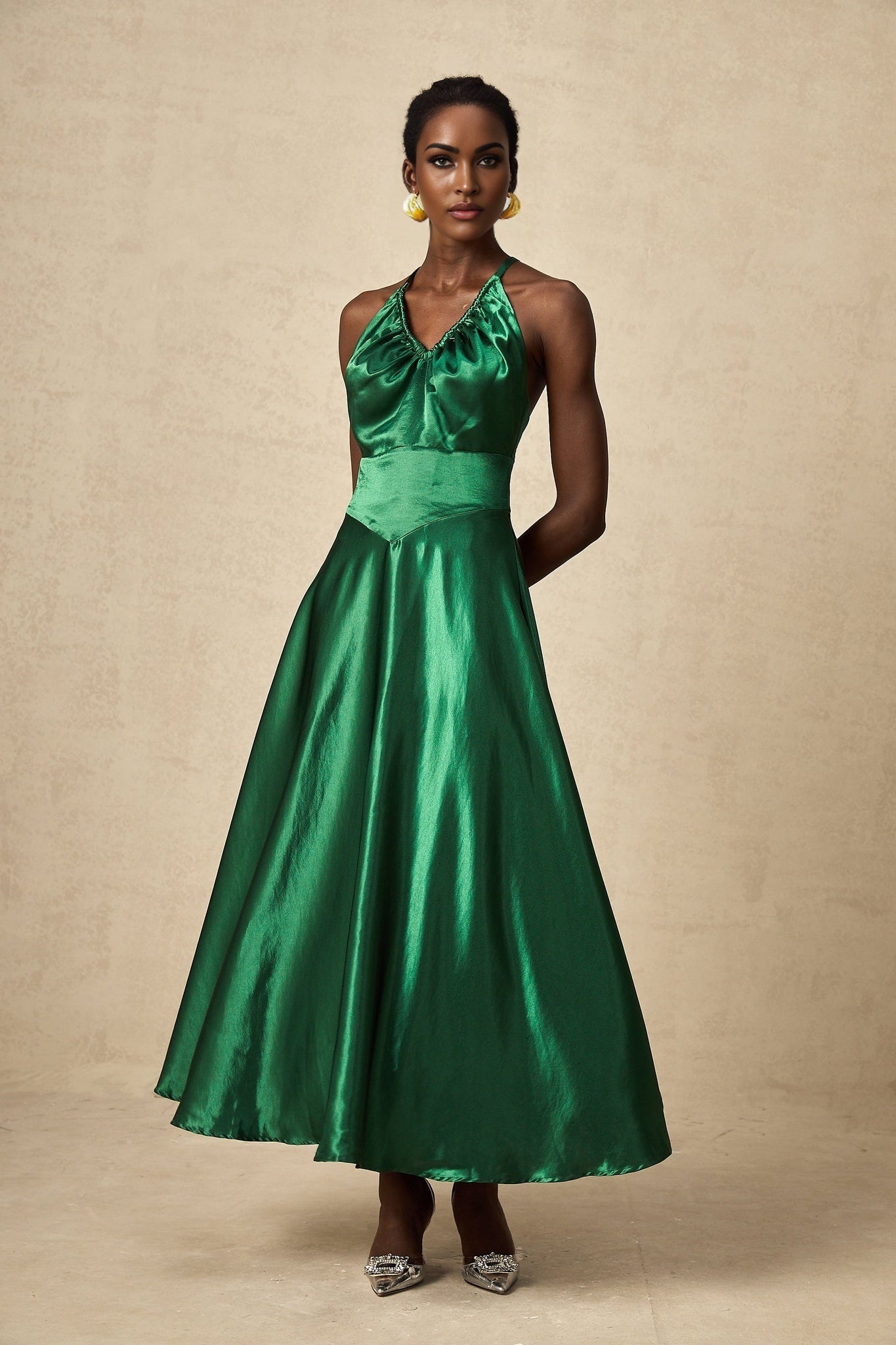 Kaitlyn Midi Dress - Sleeveless V - Neck Design - Open Back - Pleated Detailing - Spaghetti Straps