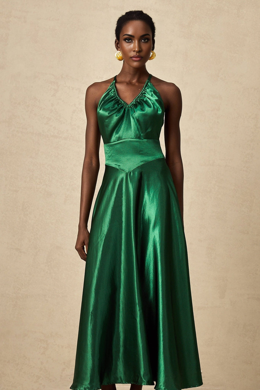 Kaitlyn Midi Dress - Sleeveless V - Neck Design - Open Back - Pleated Detailing - Spaghetti Straps