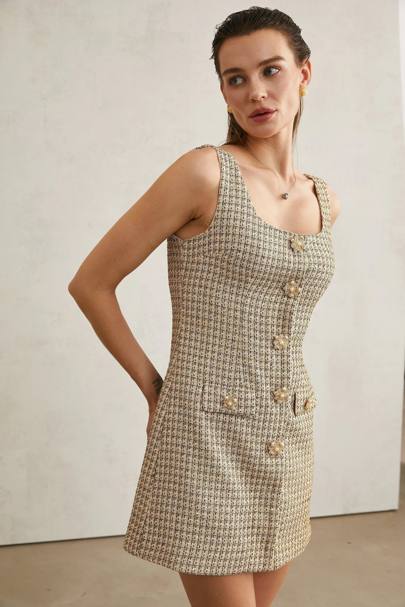 Kaitlyn Mini Dress Golden Tweed Sequin Embellished