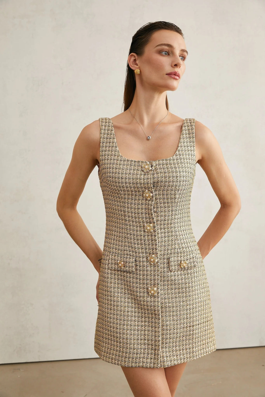Kaitlyn Mini Dress Golden Tweed Sequin Embellished