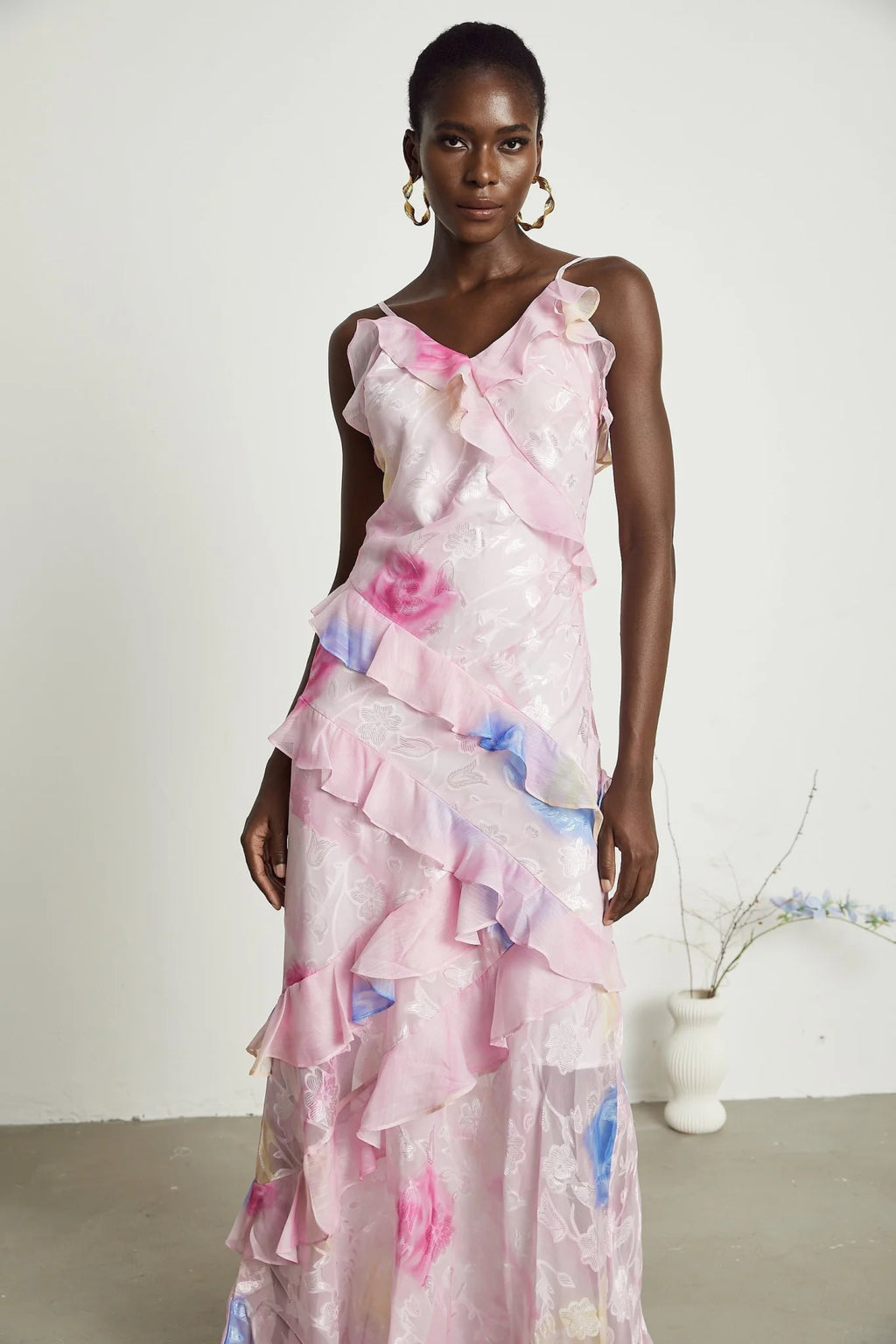 Kaitlyn Pink Multicolor Floral Maxi Dress with Plunging V - Neck and Ruffles
