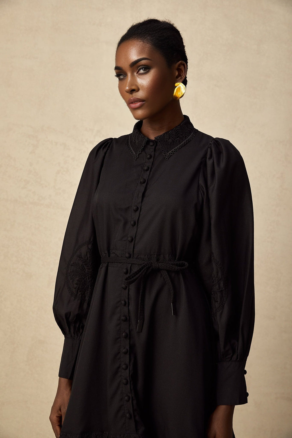 Kali Midi Dress Black Lace Balloon Sleeves Pleated & Flared
