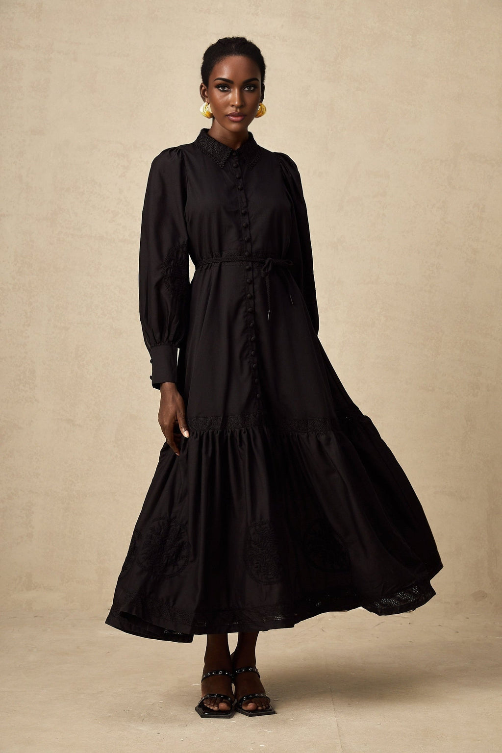Kali Midi Dress Black Lace Balloon Sleeves Pleated & Flared