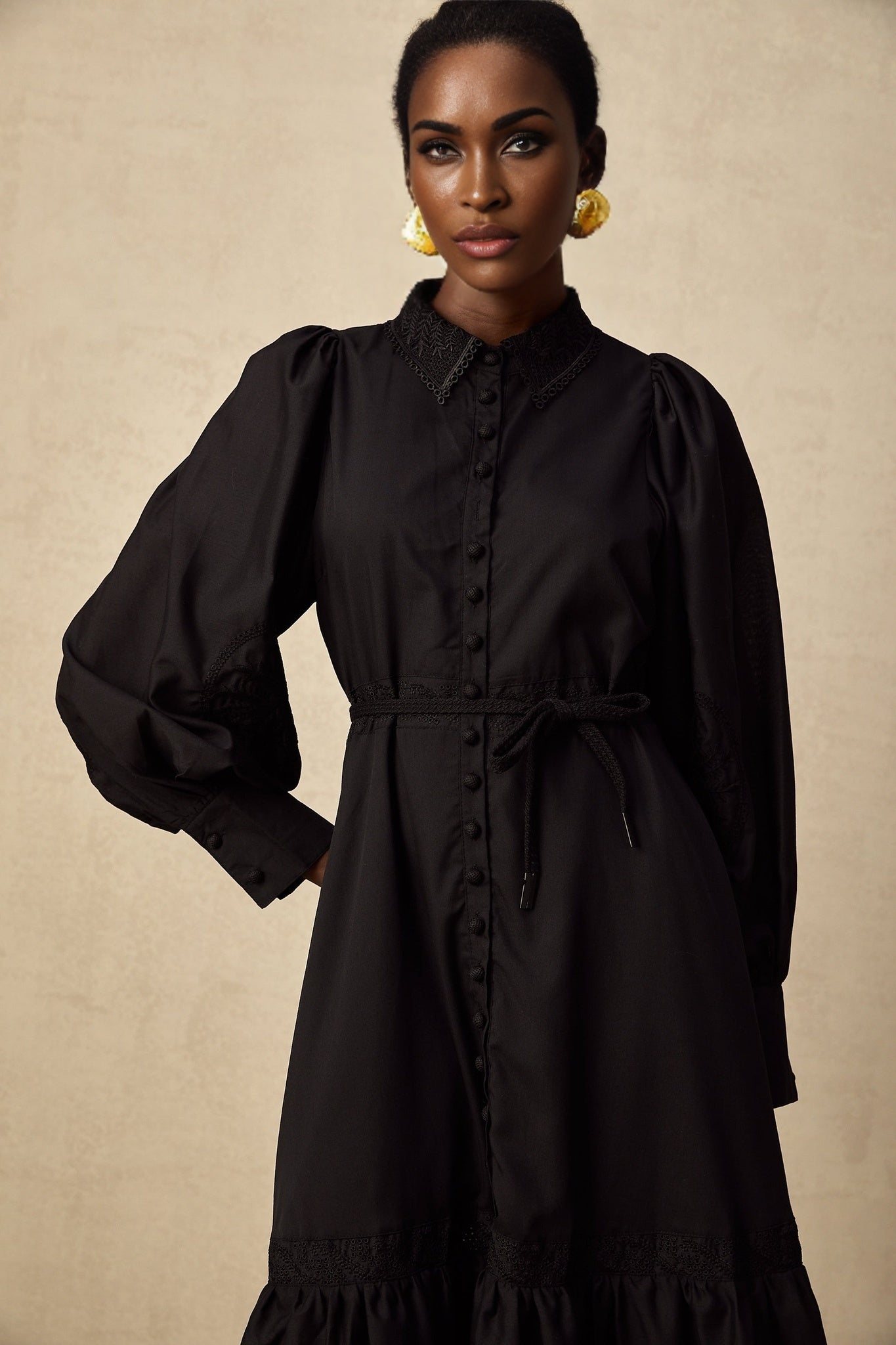 Kali Midi Dress Black Lace Balloon Sleeves Pleated & Flared