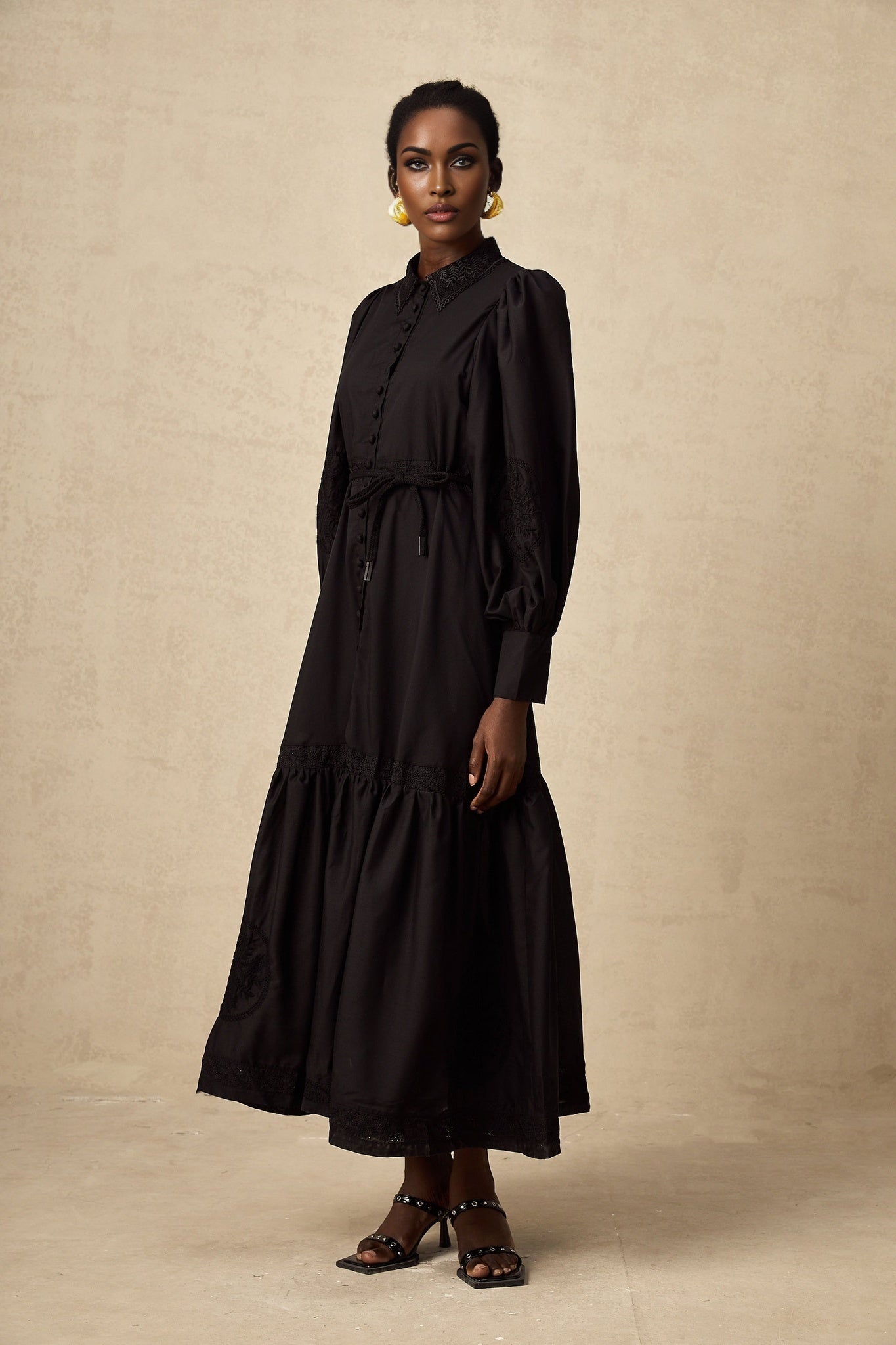 Kali Midi Dress Black Lace Balloon Sleeves Pleated & Flared