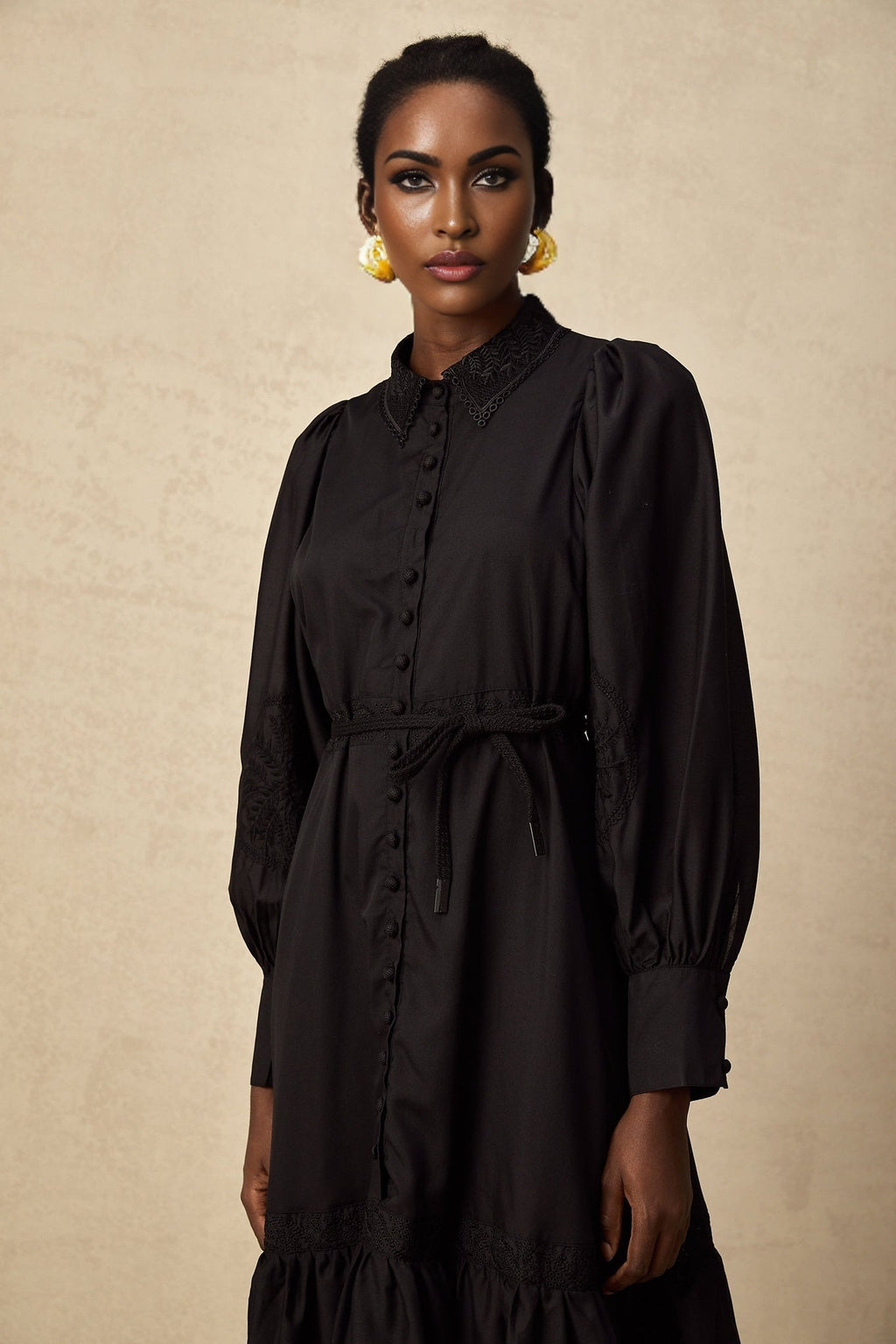 Kali Midi Dress Black Lace Balloon Sleeves Pleated & Flared