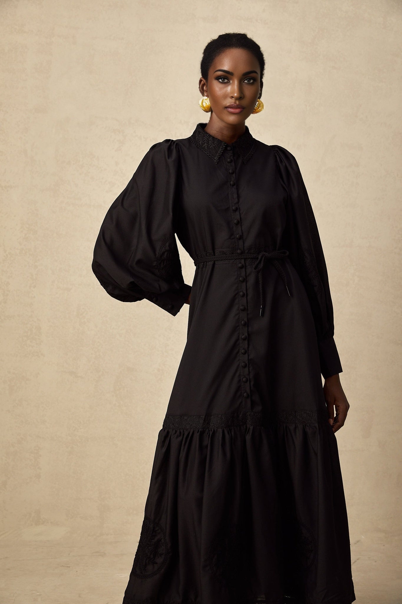 Kali Midi Dress Black Lace Balloon Sleeves Pleated & Flared