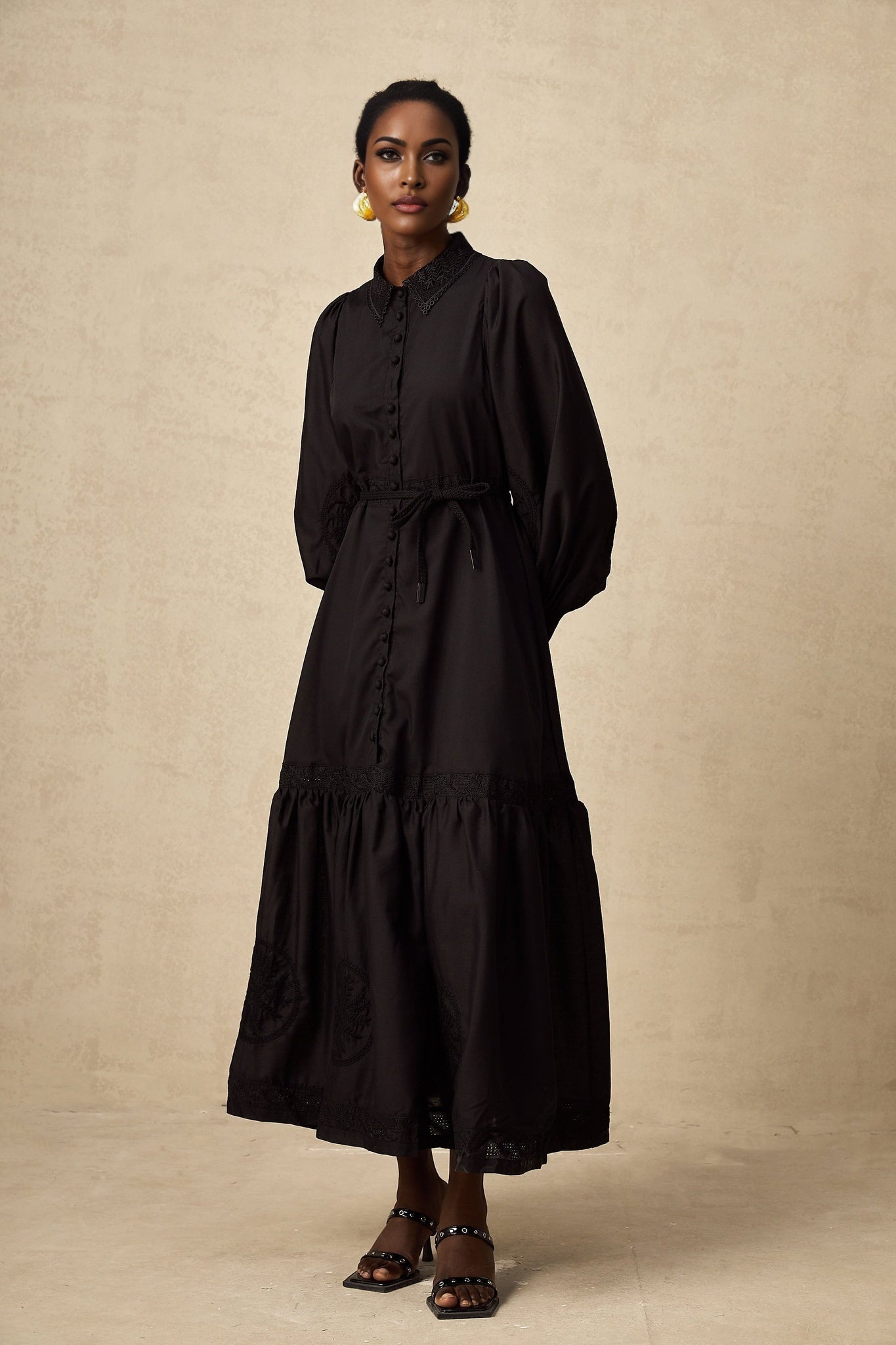 Kali Midi Dress Black Lace Balloon Sleeves Pleated & Flared