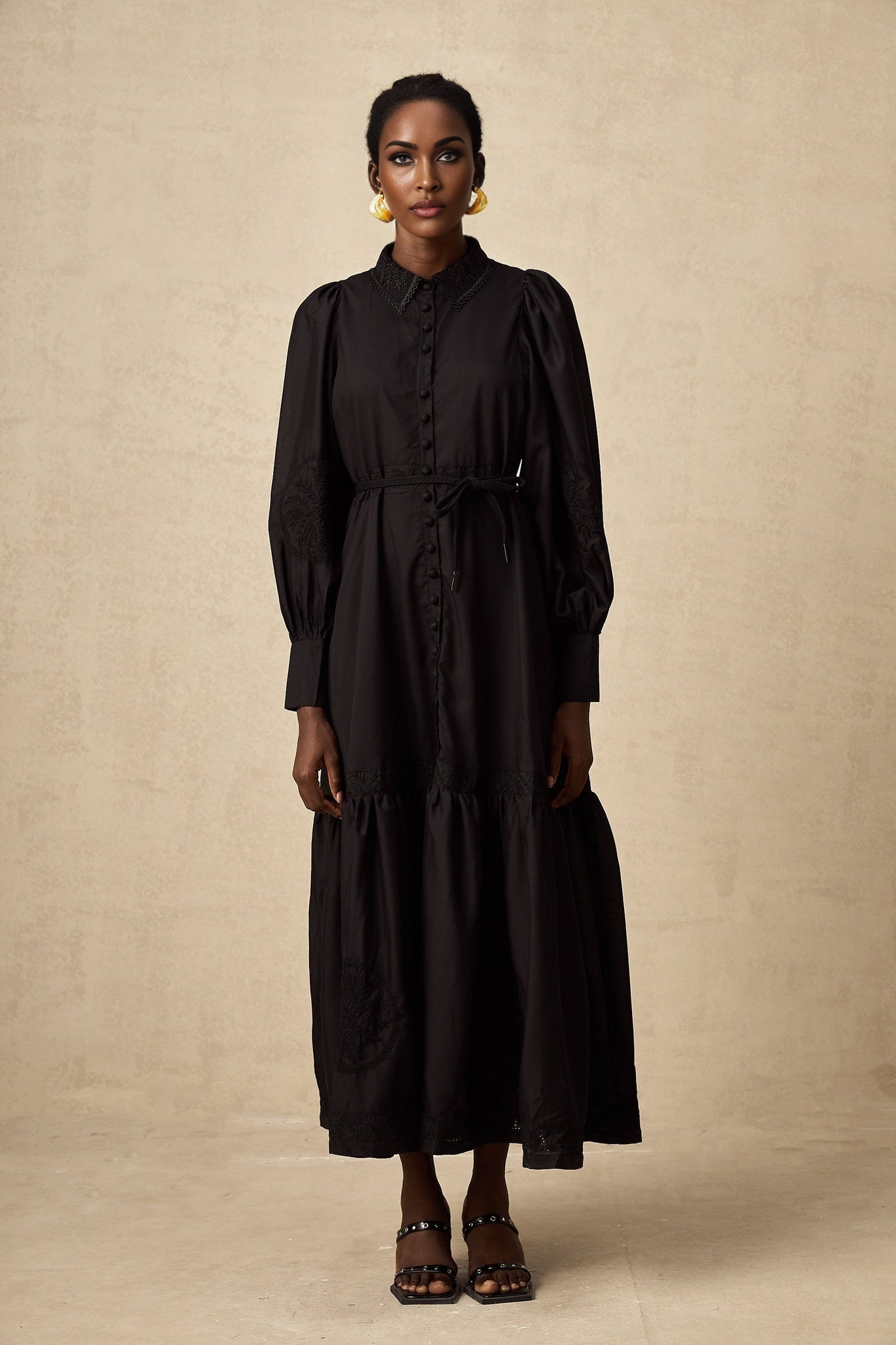 Kali Midi Dress Black Lace Balloon Sleeves Pleated & Flared