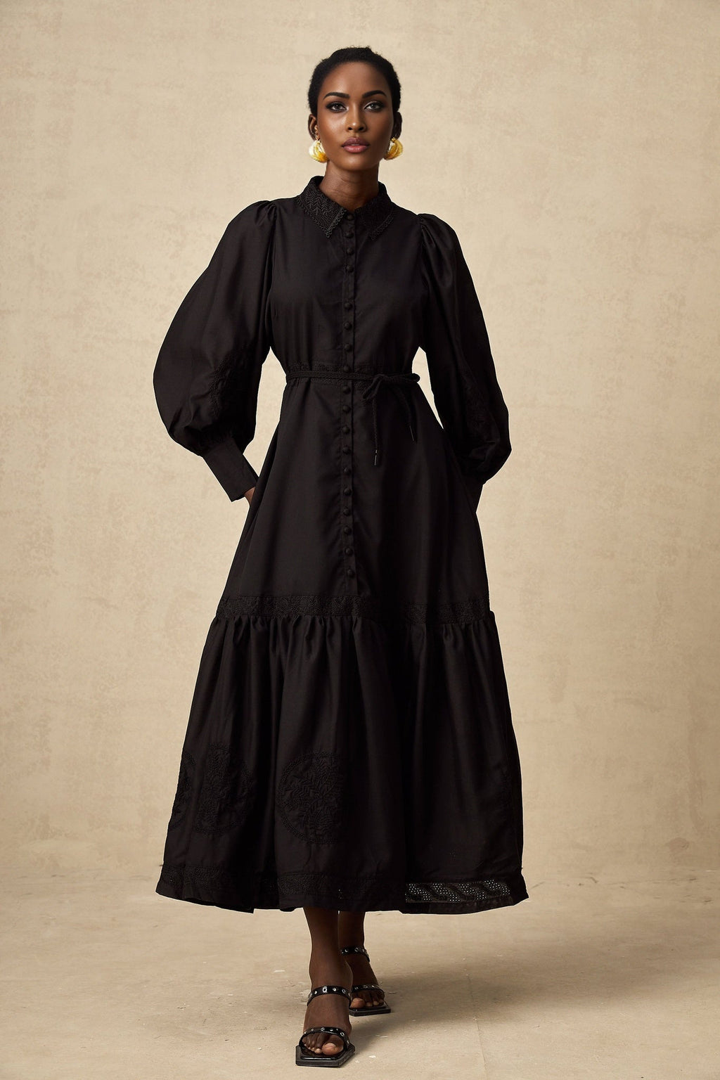 Kali Midi Dress - Classic Collar - Balloon Sleeves - Embroidery Detailing - Lace Panelling - Tied Waist