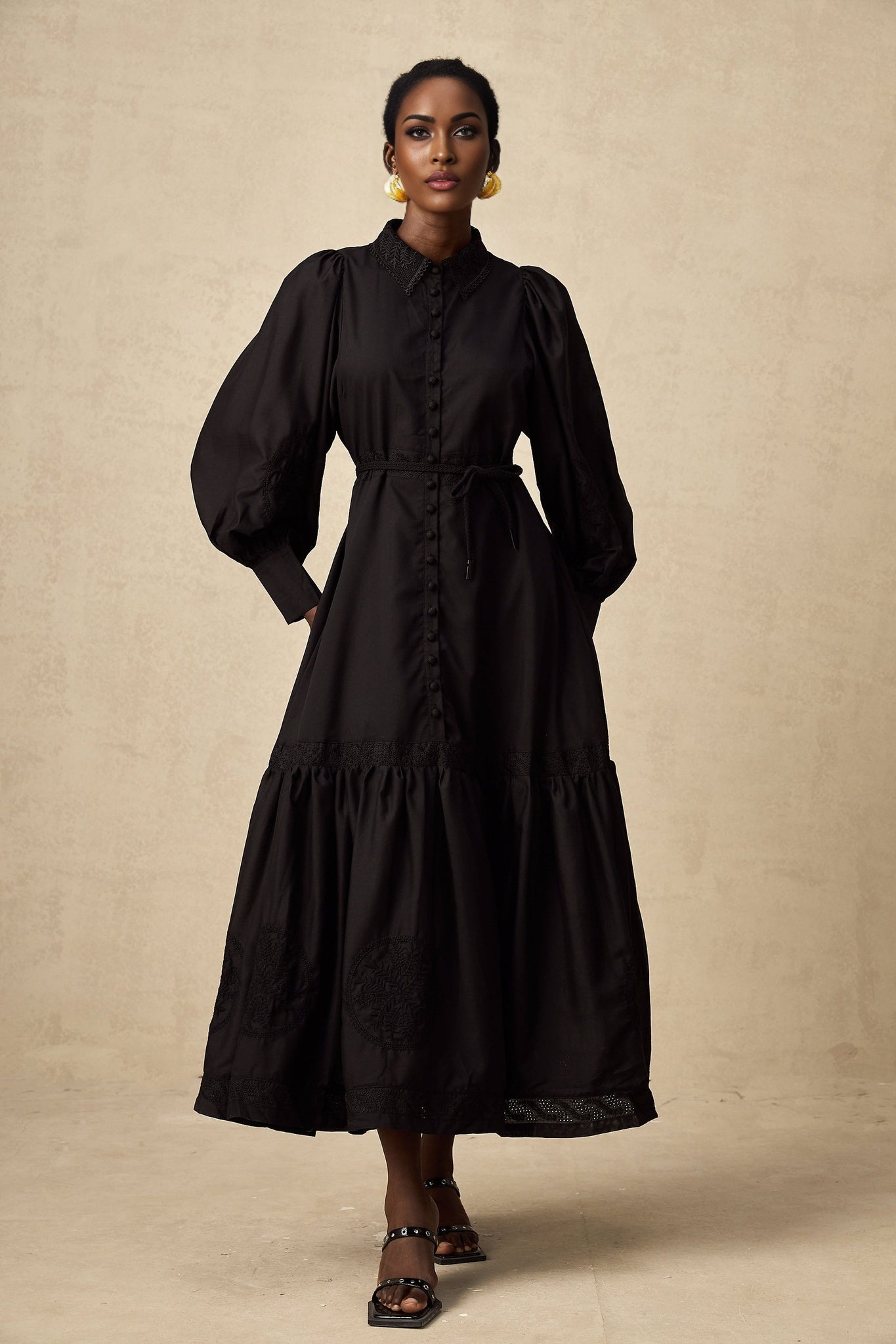 Kali Midi Dress - Classic Collar - Balloon Sleeves - Embroidery Detailing - Lace Panelling - Tied Waist