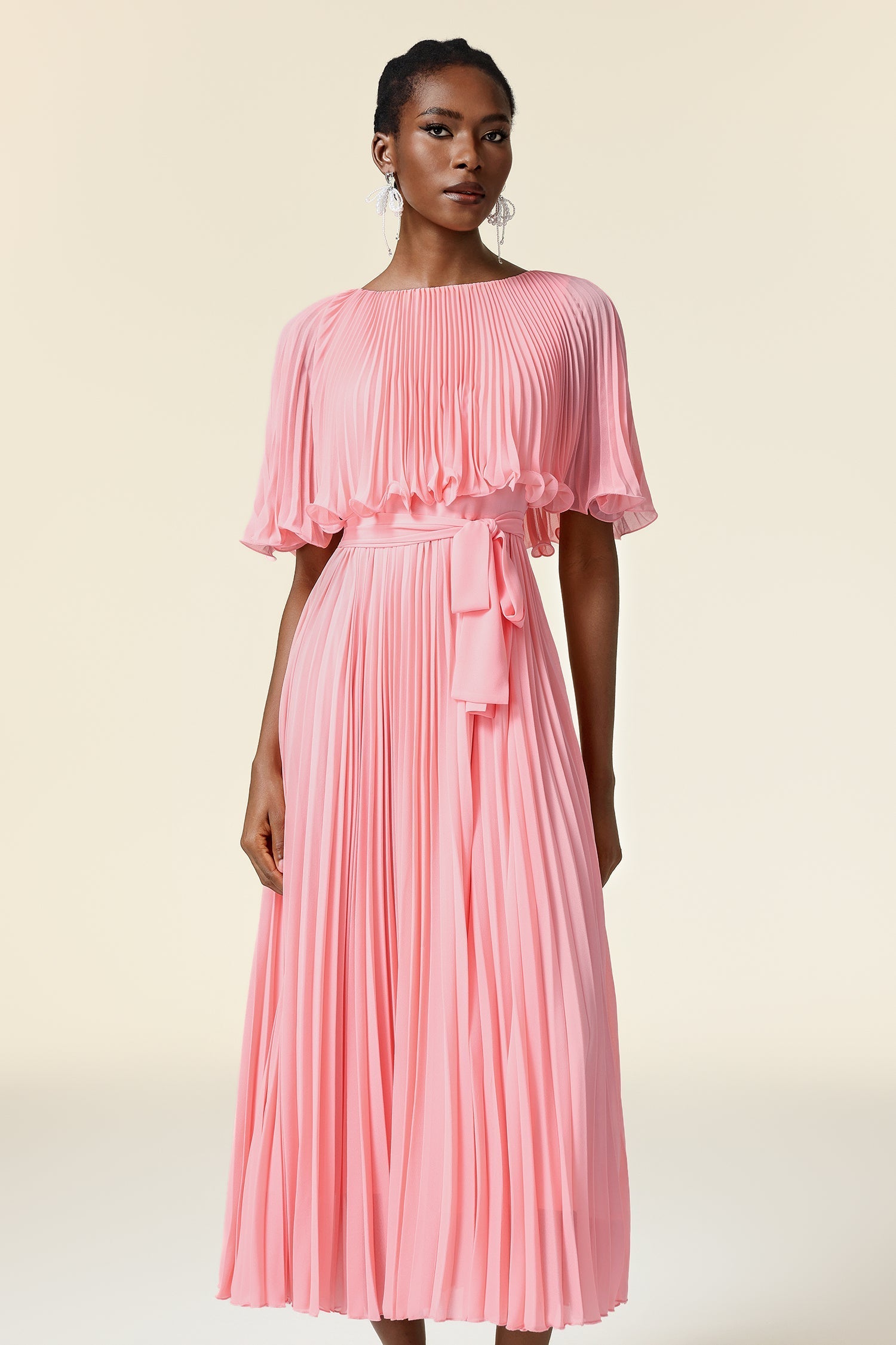 Kali Pink Pleated Dress with Ruffle Details and Belt