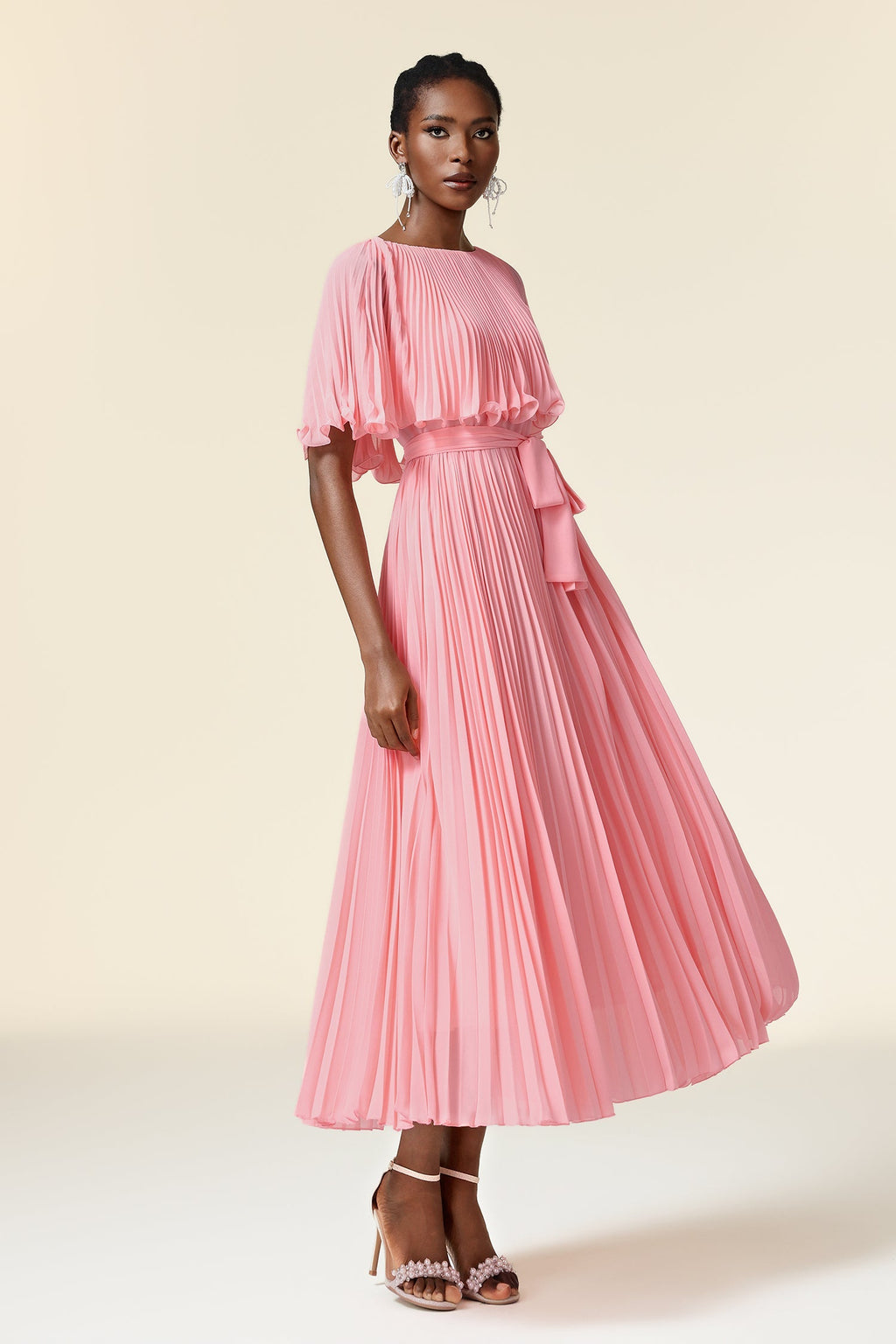 Kali Pink Pleated Dress with Ruffle Details and Cinched Waist