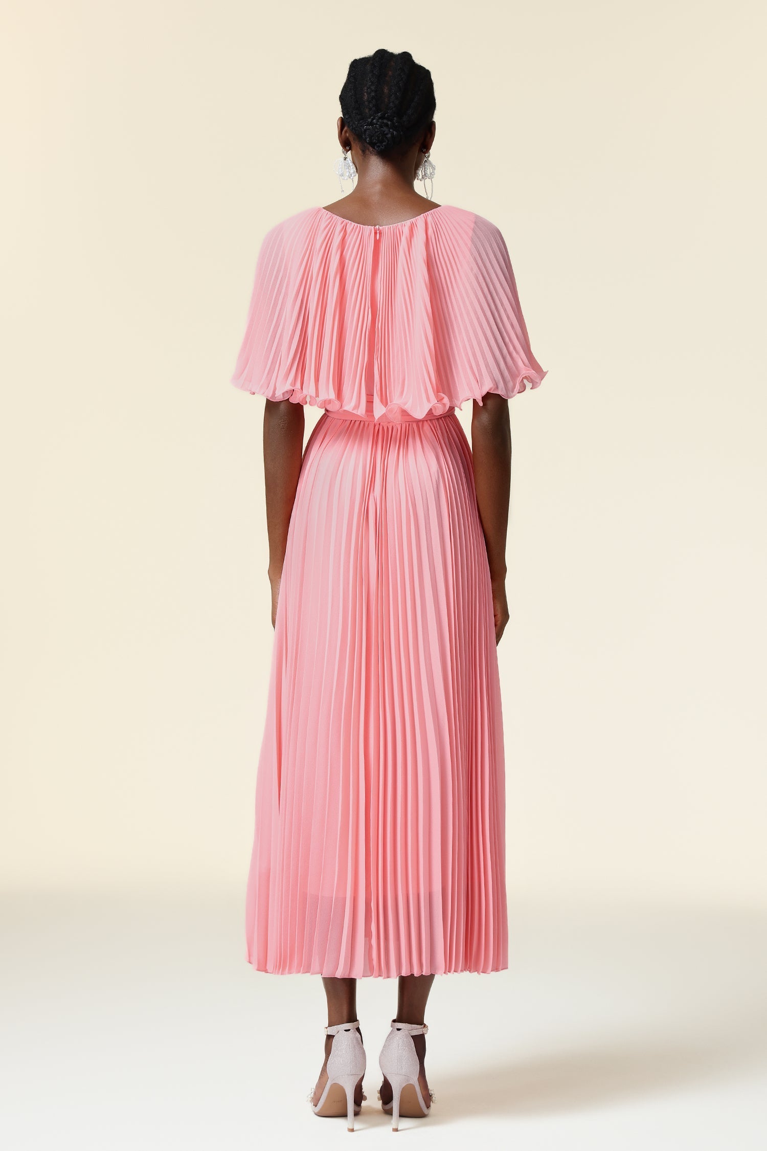 Kali Pink Pleated Maxi Dress with Ruffle Details and Cinched Waist