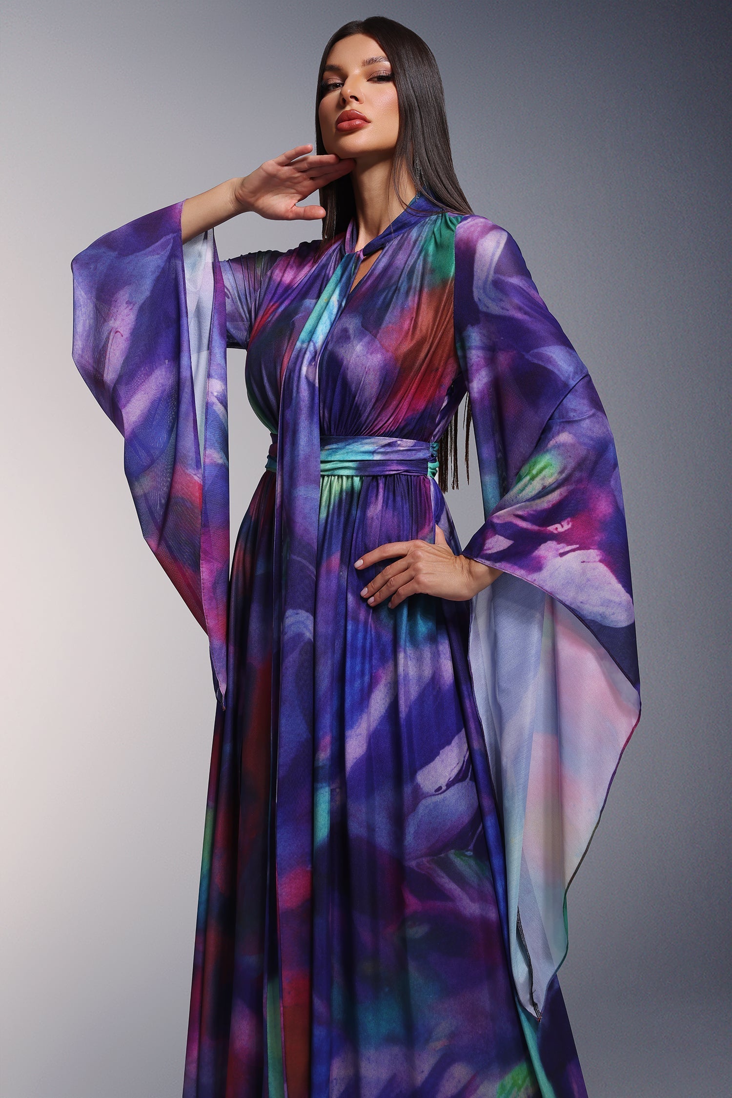 Kali Purple Maxi Dress with Long Sleeves and Deep V-Neckline